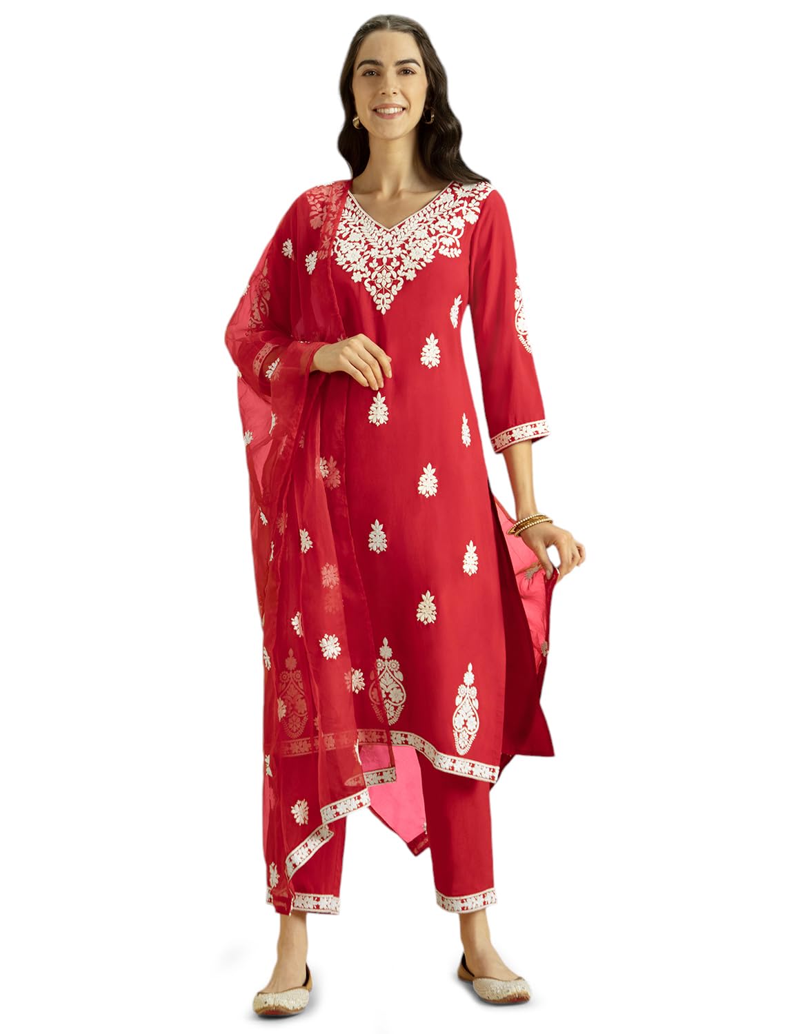 Kaari Rayon Staple 3 PCS Women Kurta Set (KAAAW24WSKD-82023_Indian Chilli Red