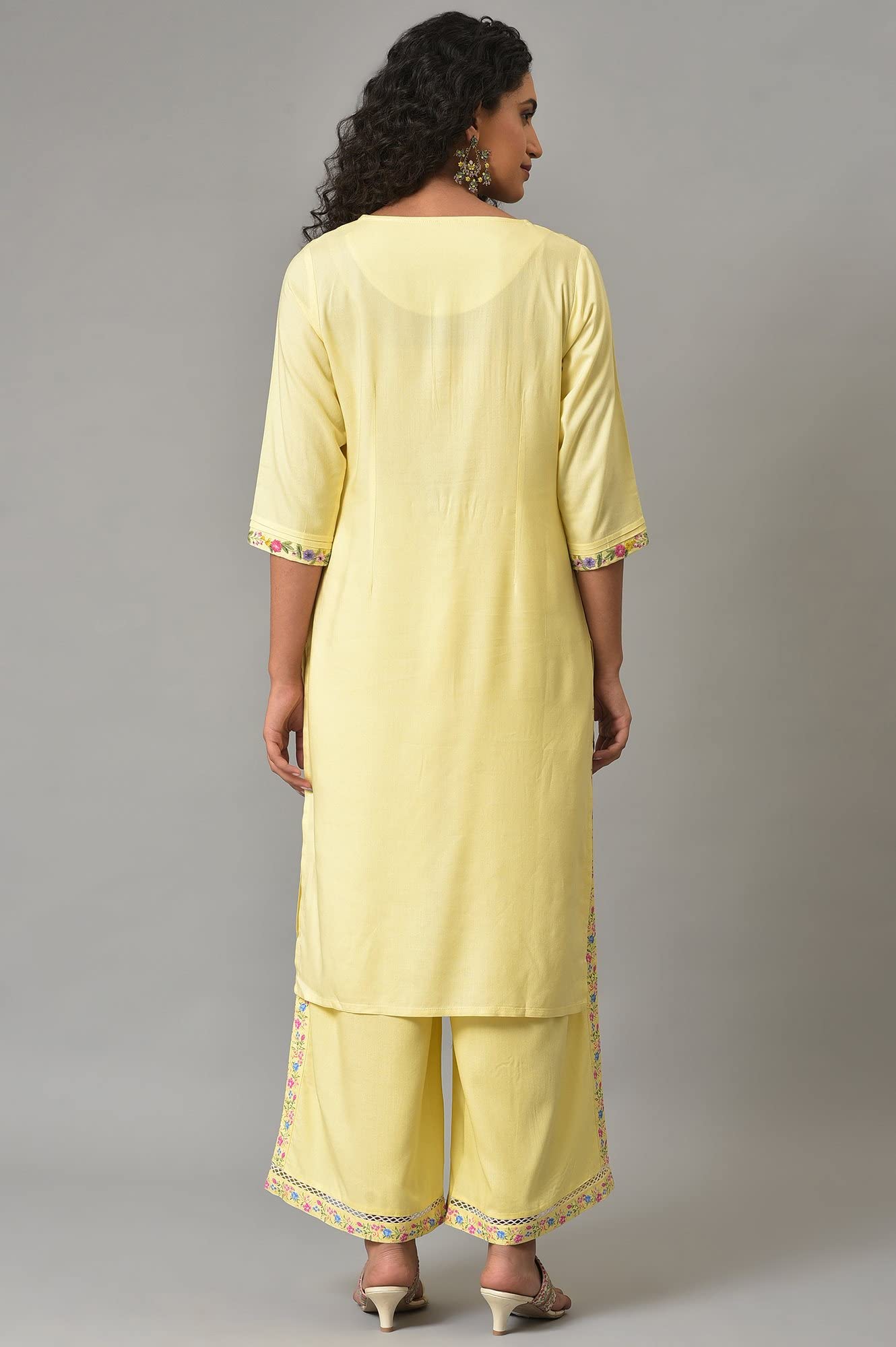 W for Woman Yellow Embroidered Plus Size Summer Kurta with Pleats on Yoke