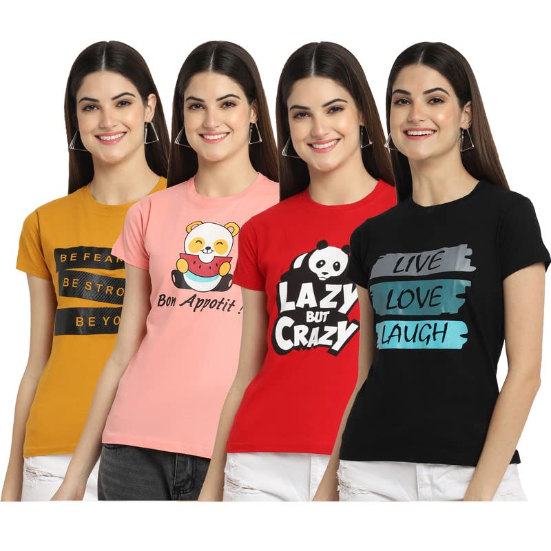 Preneum Womens Cotton Regular Fit Latest Graphic Stylish Printed Short Sleeves Casual T-Shirt || Trends & Stylish (Pack 4), Pas