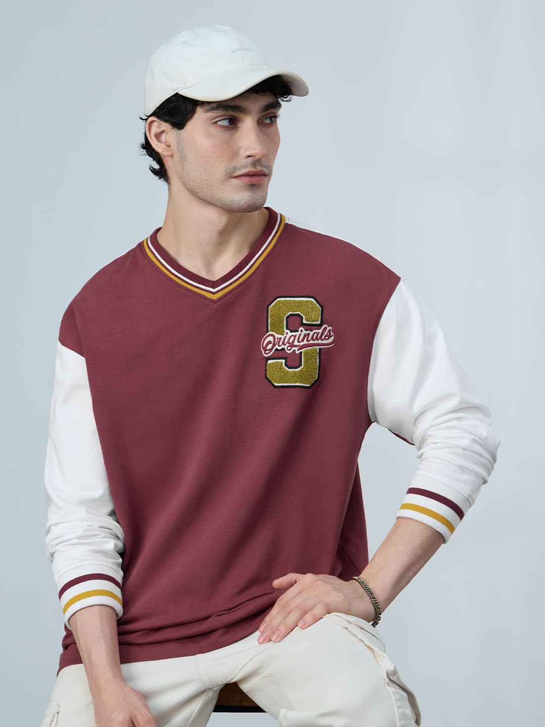 The Souled Store Originals: Scarlet Men and Boys Full Sleeves V Neck Maroon Embroidered Cotton Oversized T-Shirts