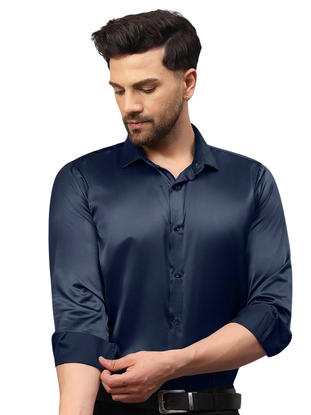 Indoprimo MenS Premium Solid Satin Casual Party Shirt Full Sleeve Navy
