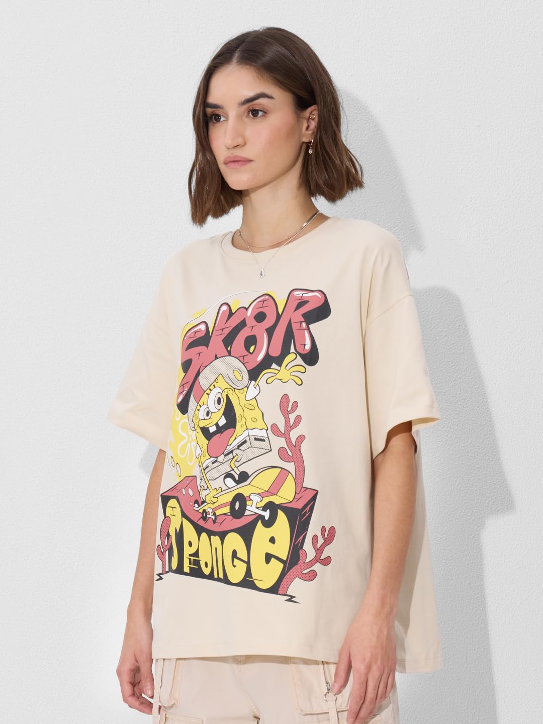 The Souled Store Official Spongebob: SK8R Women and Girls Short Sleeve Round Neck Graphic Printed Cotton Oversized T-Shirts Beig