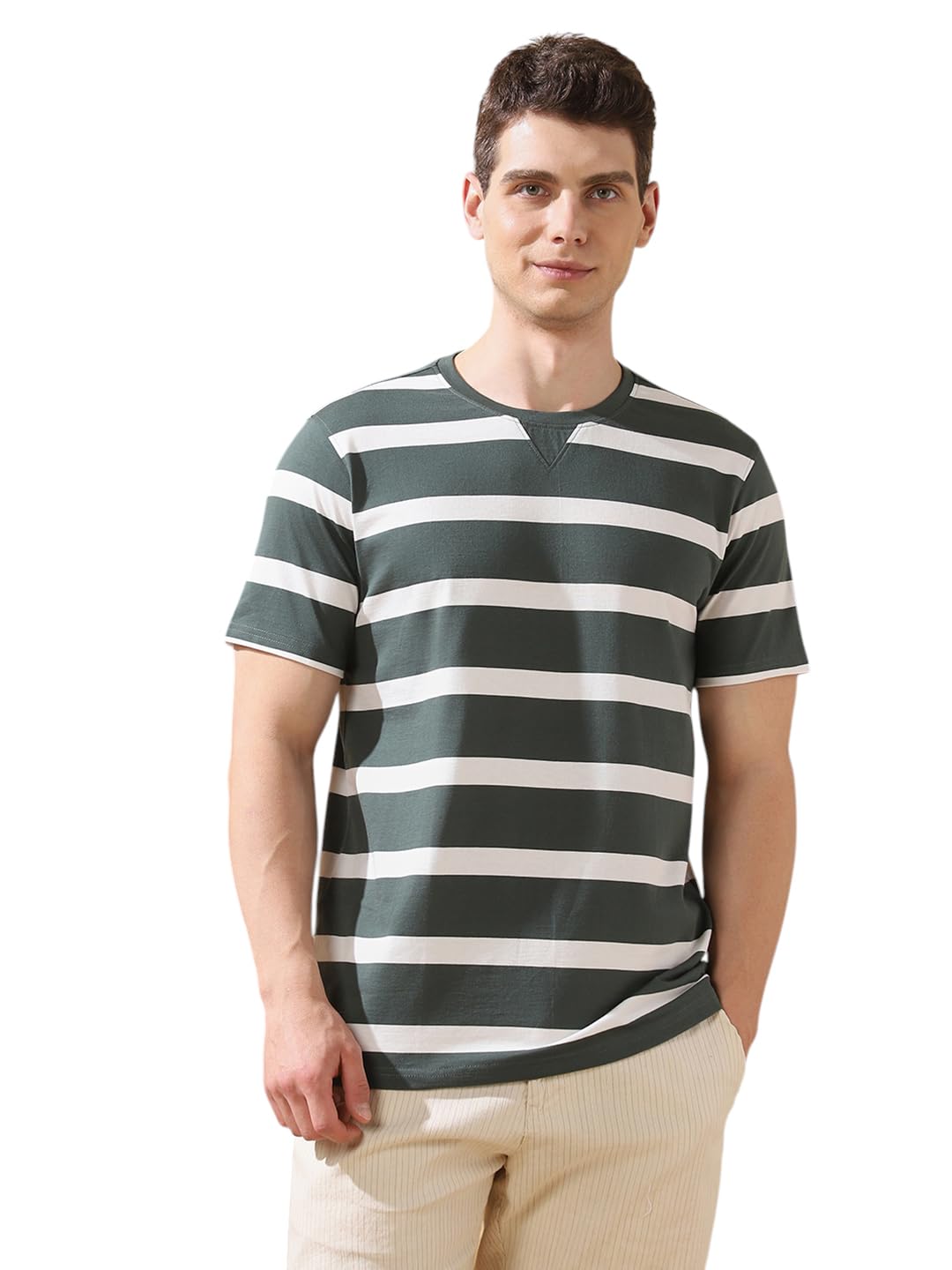 Dennis Lingo Men Cilantro Stripes Round Neck Half Sleeves Regular-Fit T-Shirt Green
