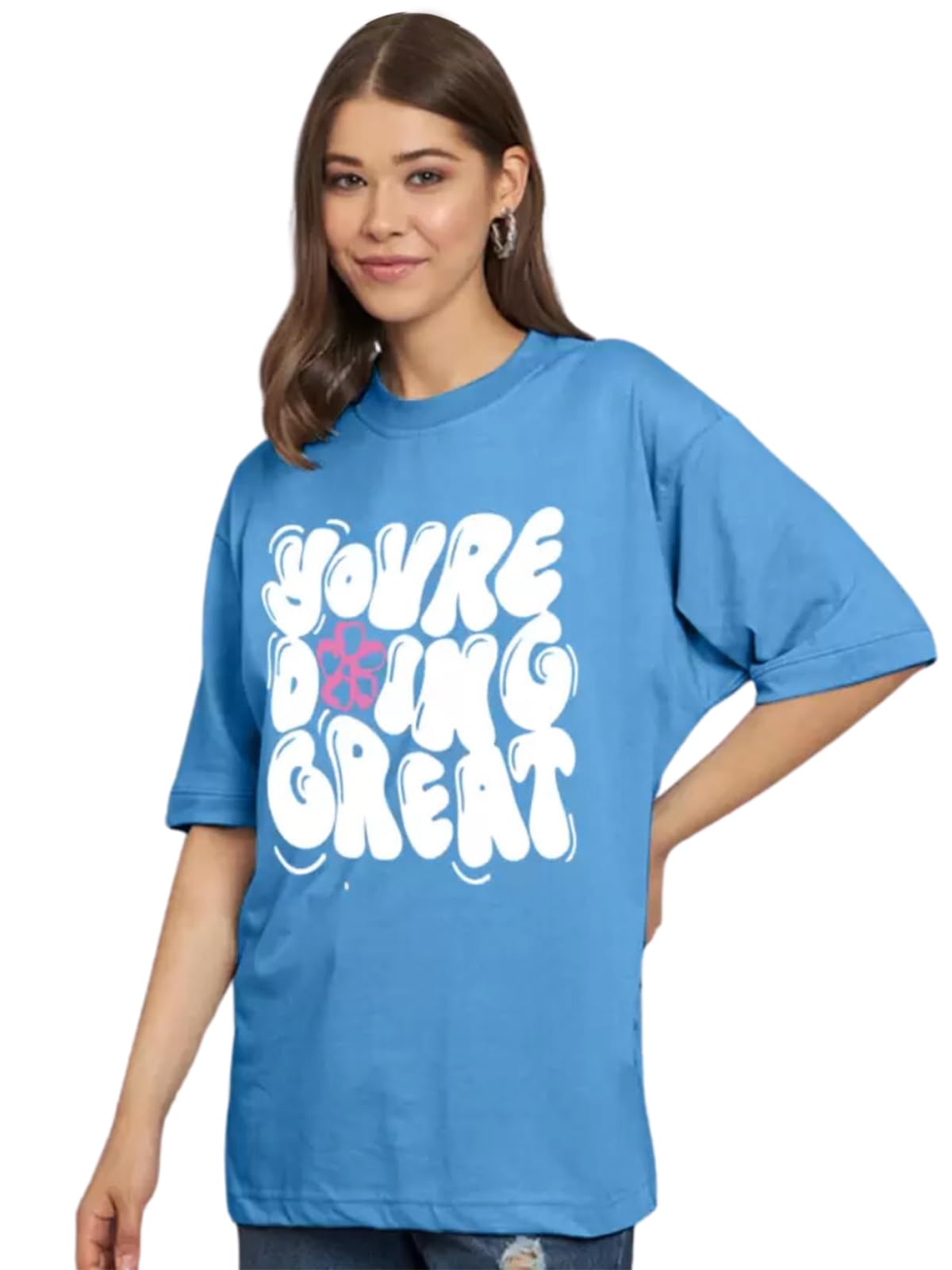 Juneberry Pure Cotton Oversized Baggy Fit Cool You Are Doing Great Graphic Printed Royal Blue T-Shirt For Women (Os_J_Urdnggrt_A