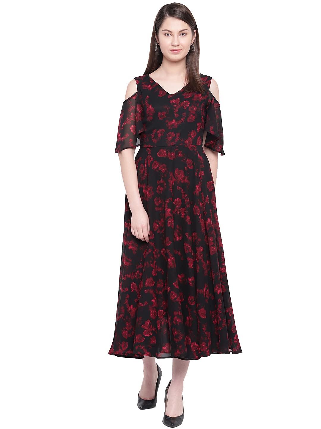 Rare WomenS Polyester Fit And Flare Maxi Dress (Ep3152Nt_Black_S)