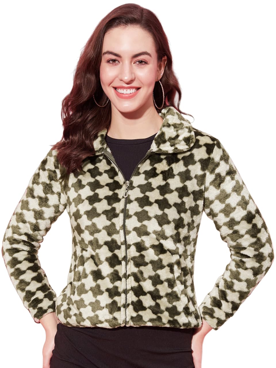 Modeve Full Sleeve Self Design Women Jacket-Olive