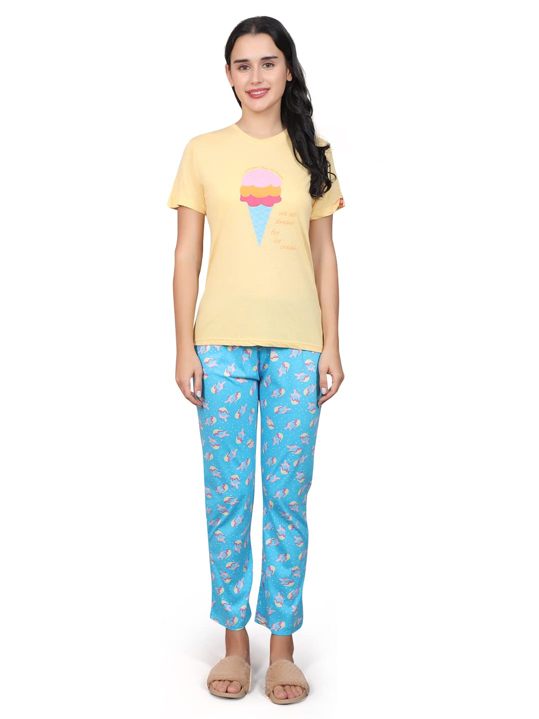 Evolove WomenS Cotton Round Neck Short Sleeves Night Suit Set/Top Pyjama Set Super Soft Comfortable (Yellow Blue, Npskn1641Be-X