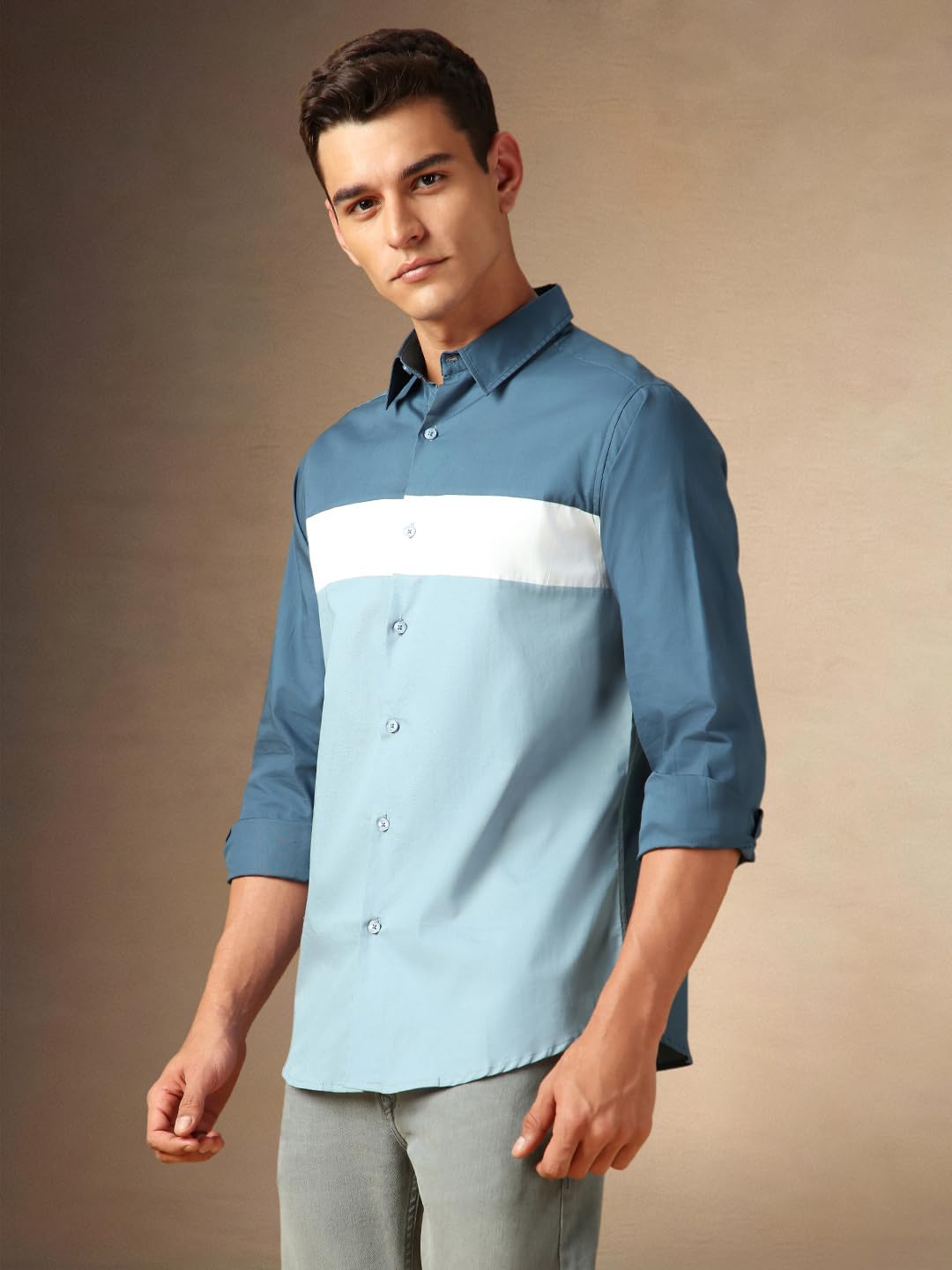 Dennis Lingo Men Colorblock 100% Cotton Regular Fit Full Sleeves Shirts Blue