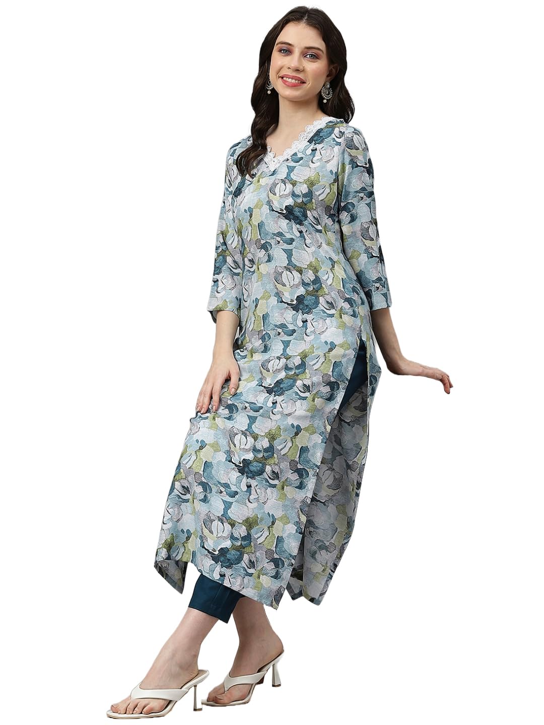 ANNI DESIGNER Womens Cotton Blend Straight Printed Straight Fit Kurta with Pant (Southz Blue-Nw_XL_Blue_X-Large)