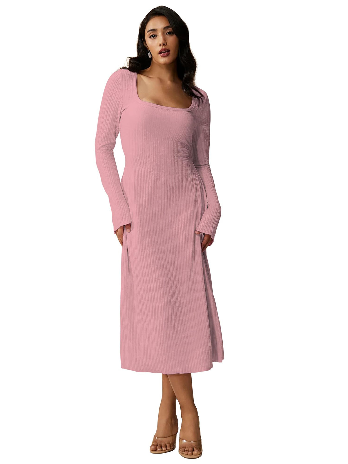 Shasmi Womens Pink Square Neck A-Line Dress Long Sleeve, Tie Waist, Knitted Stretchable, Casual & Office Outfit, Solid Winter M