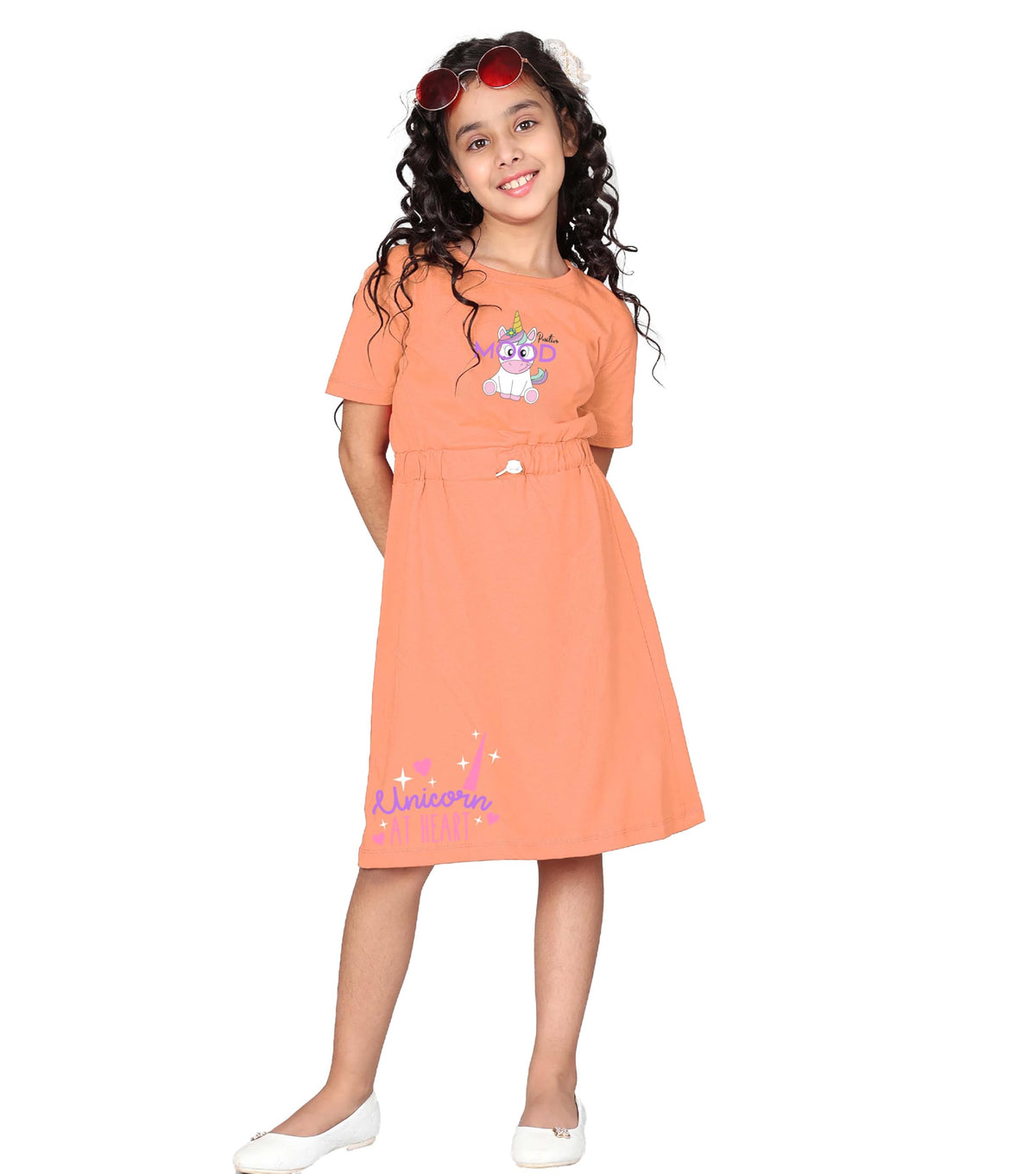 Kyda Kids 100% Pure Cotton Printed Round Neck Regular Fit Short Sleeve Long Top For Girls (Pack Of 1) Light Orange