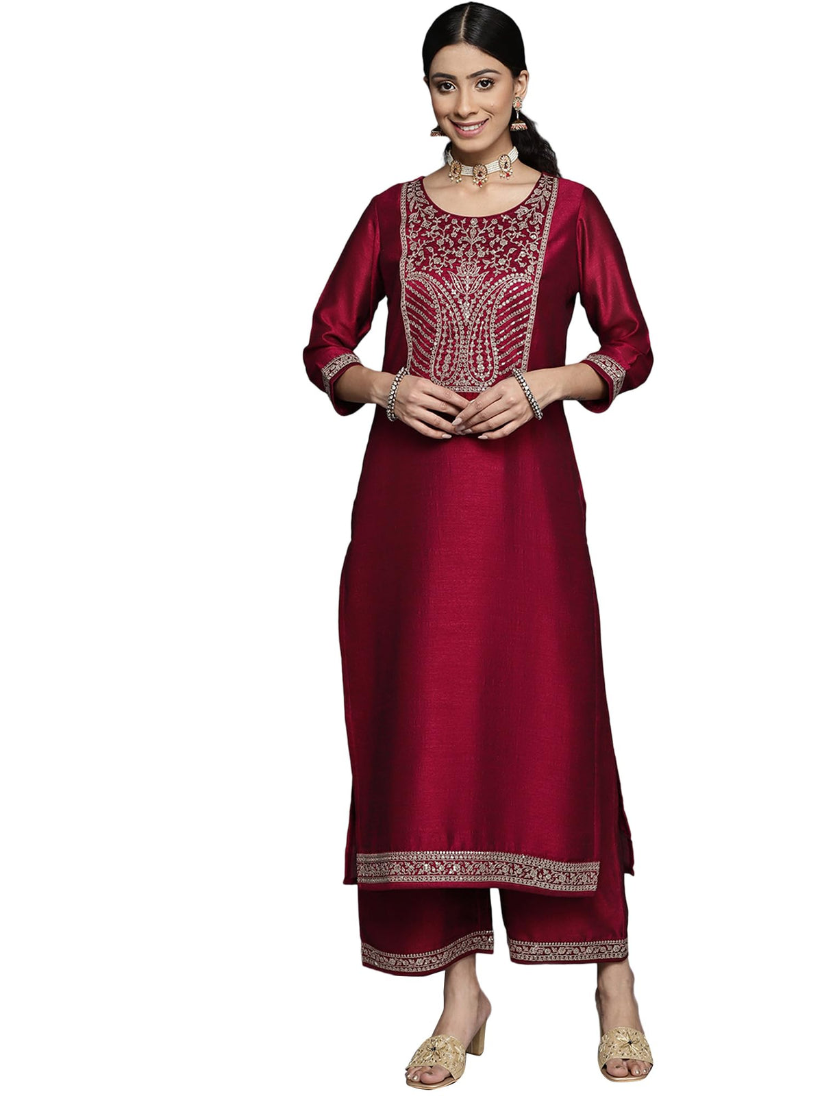 Libas WomenS Silk Yoke Design Straight Kurta (23513O_Fuchsia