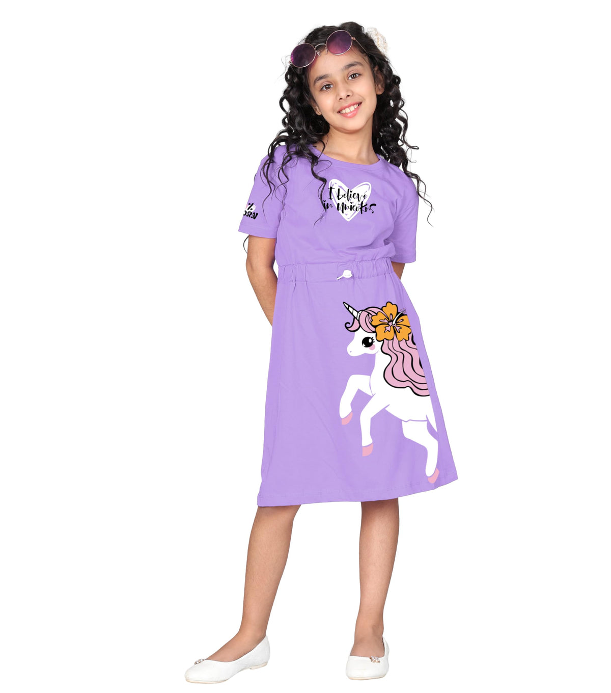 Kyda Kids 100% Pure Cotton Printed Round Neck Regular Fit Short Sleeve Long Top For Girls (Pack Of 1) Lavender