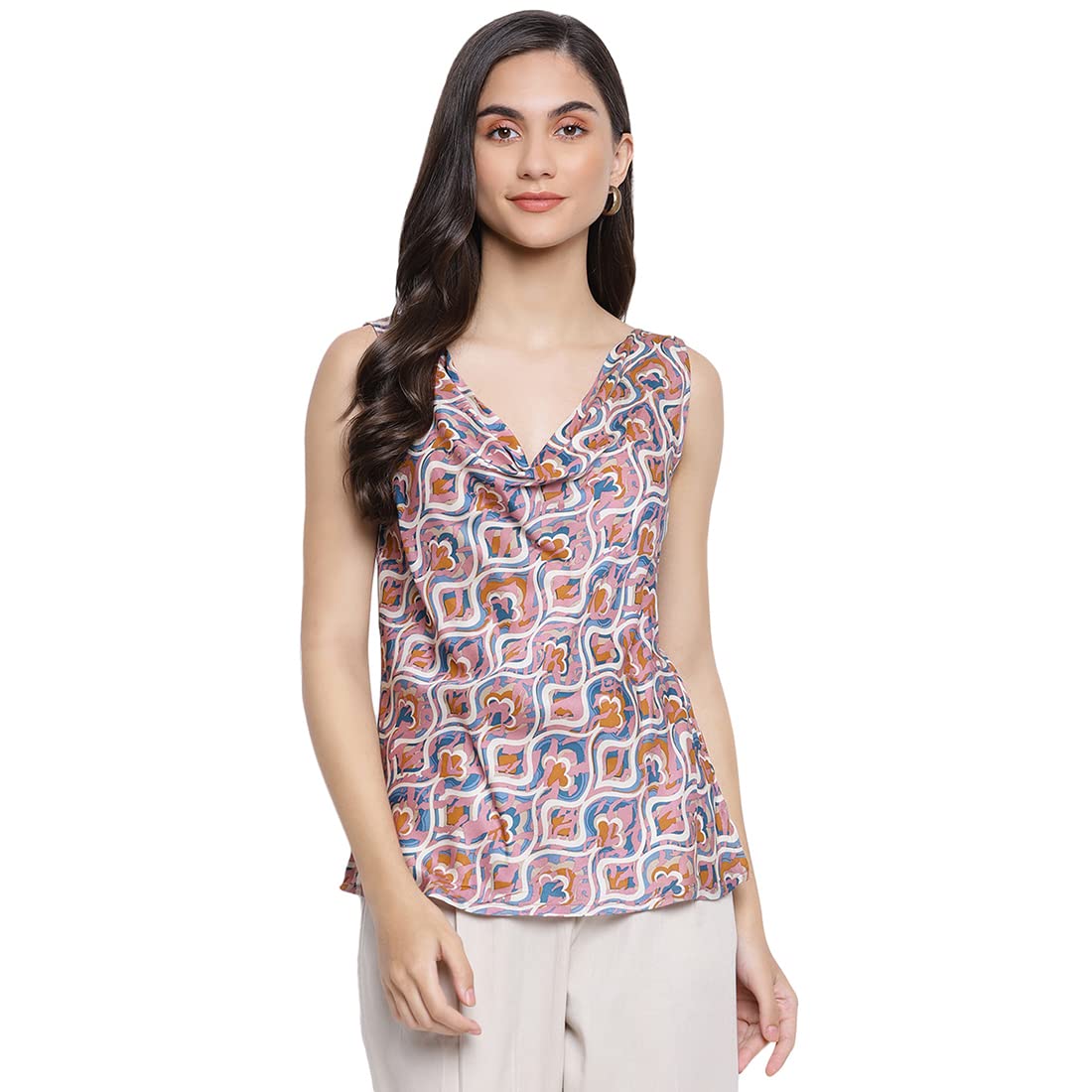 Fabindia Women Rayon Blend Printed Top Pink_M