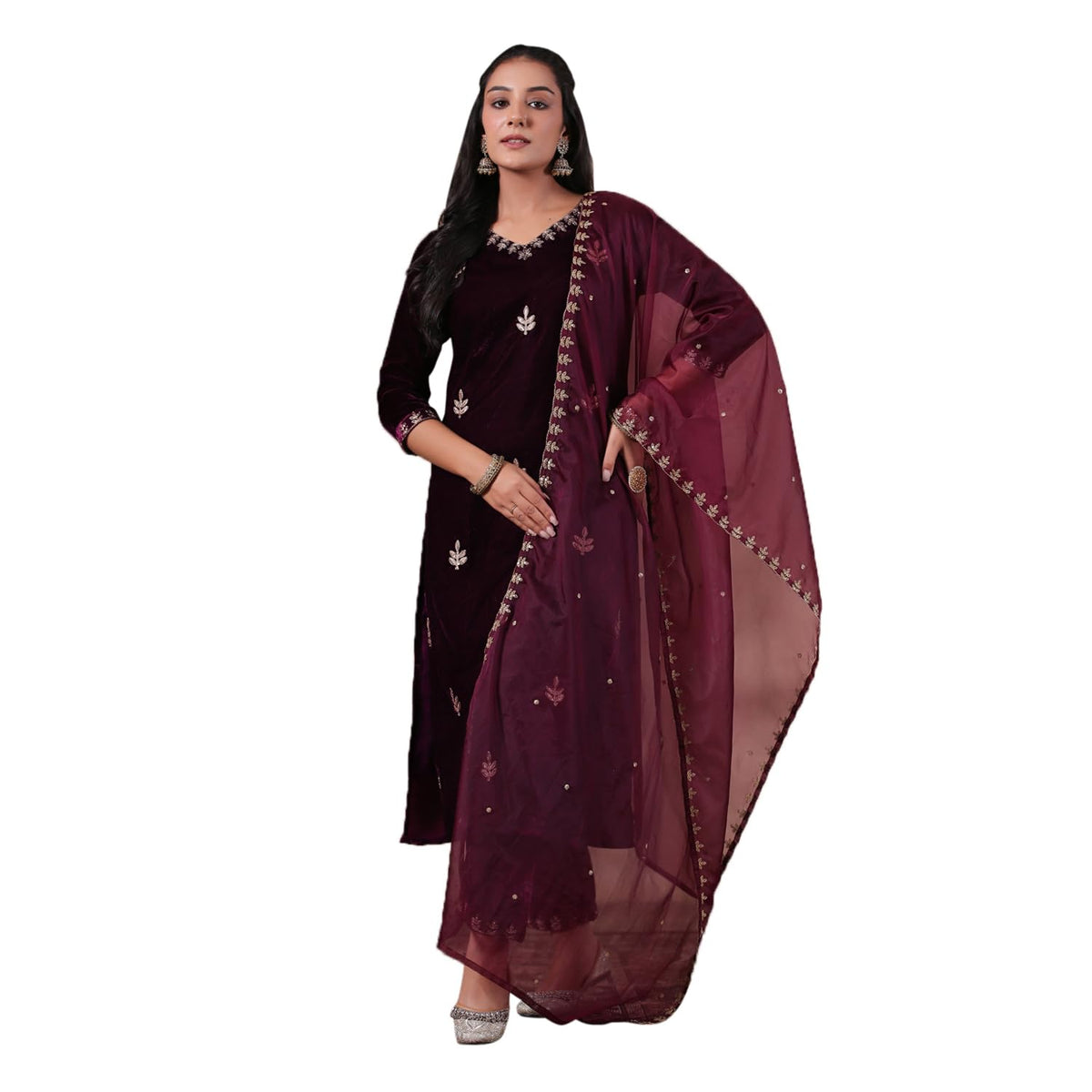 Ishin WomenS Velvet Self Design Zari Purple Straight Kurta Suit Set With Trousers & Dupatta