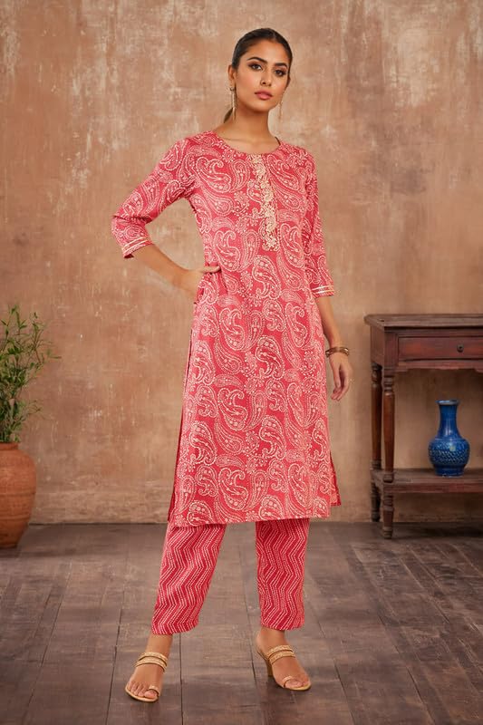 Soch Womens Pink Rayon Kurta Set with Paisley and Bandhani Print