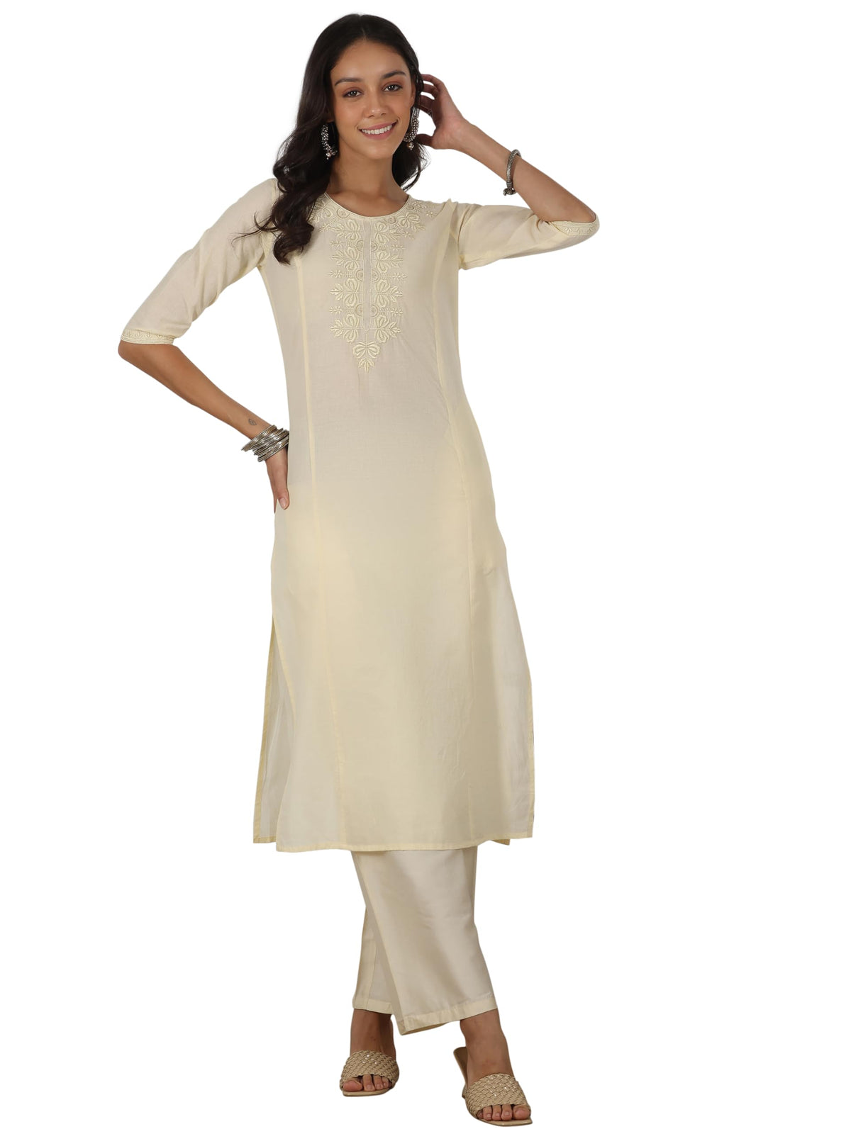 Libas WomenS Cotton Yoke Design Straight Kurta (37221_Off White