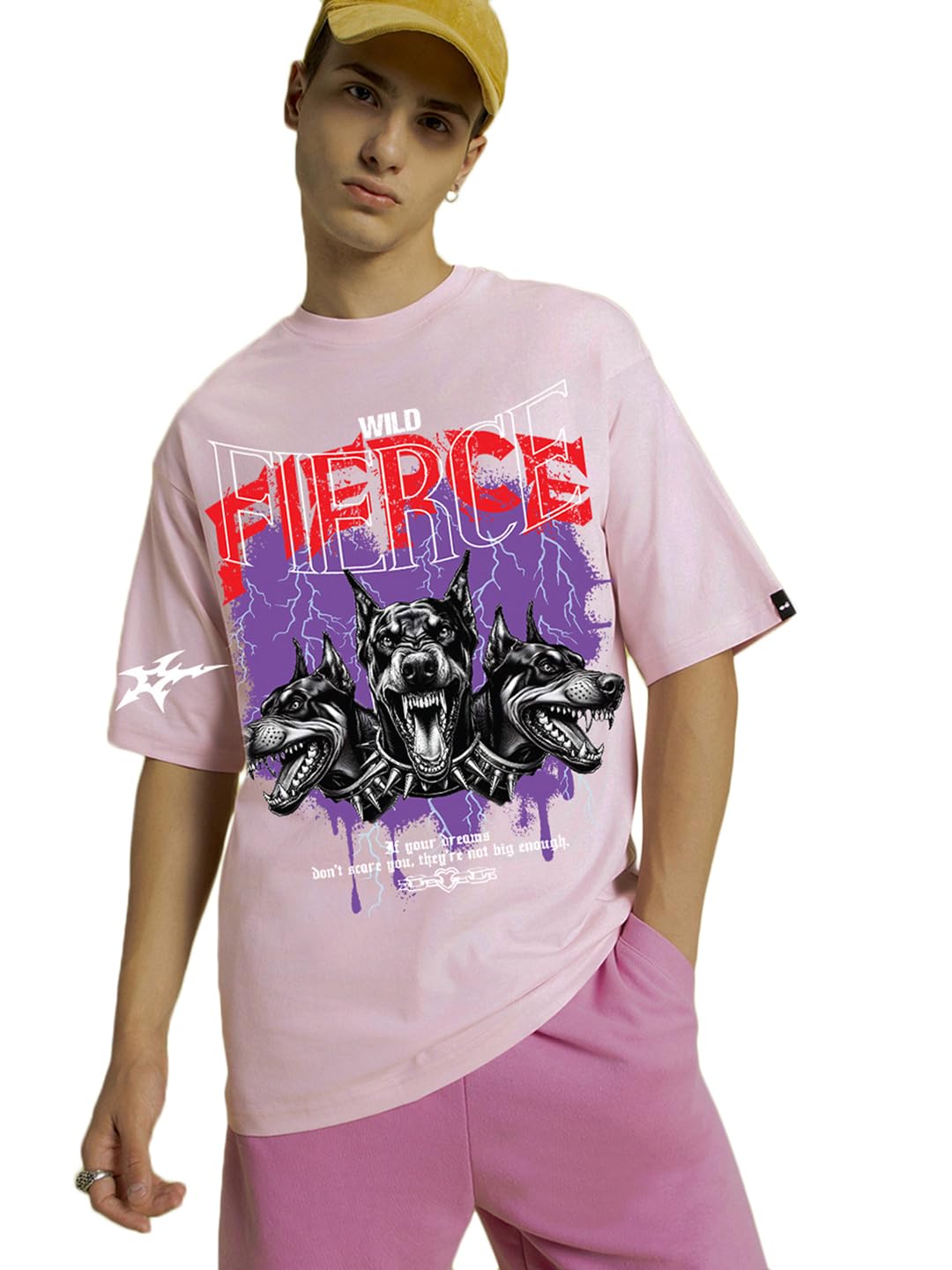 Bewakoof Men Graphic Print Oversized Fit Half Sleeve Round Neck Cotton T-Shirt_659853_Pink_2XL