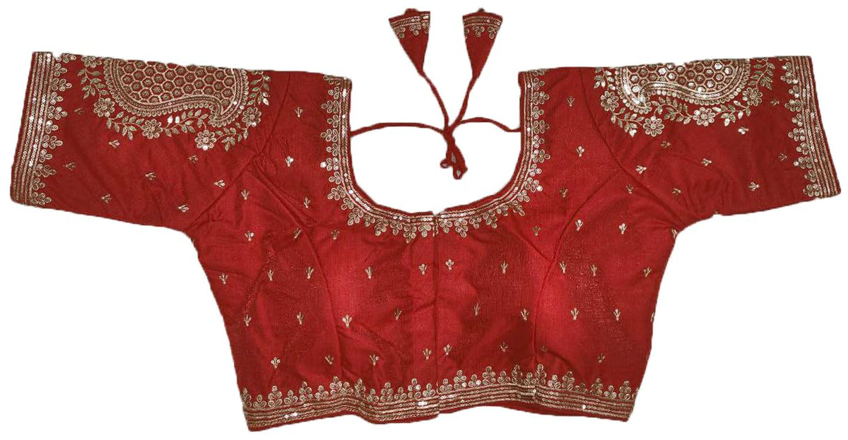 Pujia Mills Womens Readymade Blouse Embroidery Golden Zari Coding Sequence Thread Work Indian Ethnic Designer Stitched Half Slee