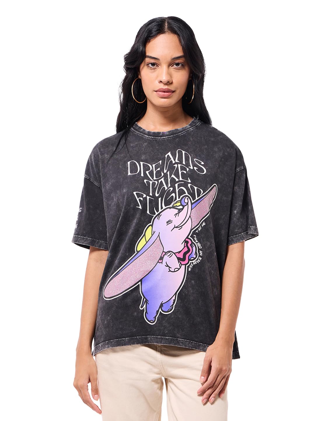 Bewakoof Official Disney Merchandise Dumbo Womens Graphic Print Oversized Fit Half Sleeve Round Neck Cotton Jersey Acid Wash T-