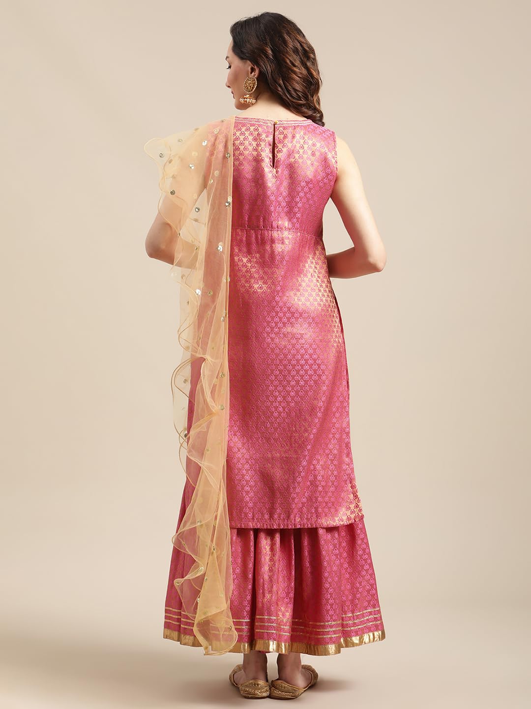 Varanga Women Pink and Gold Brocade Sleeveless Kurta Sharara Set with Sequins Ruffle Dupatta.