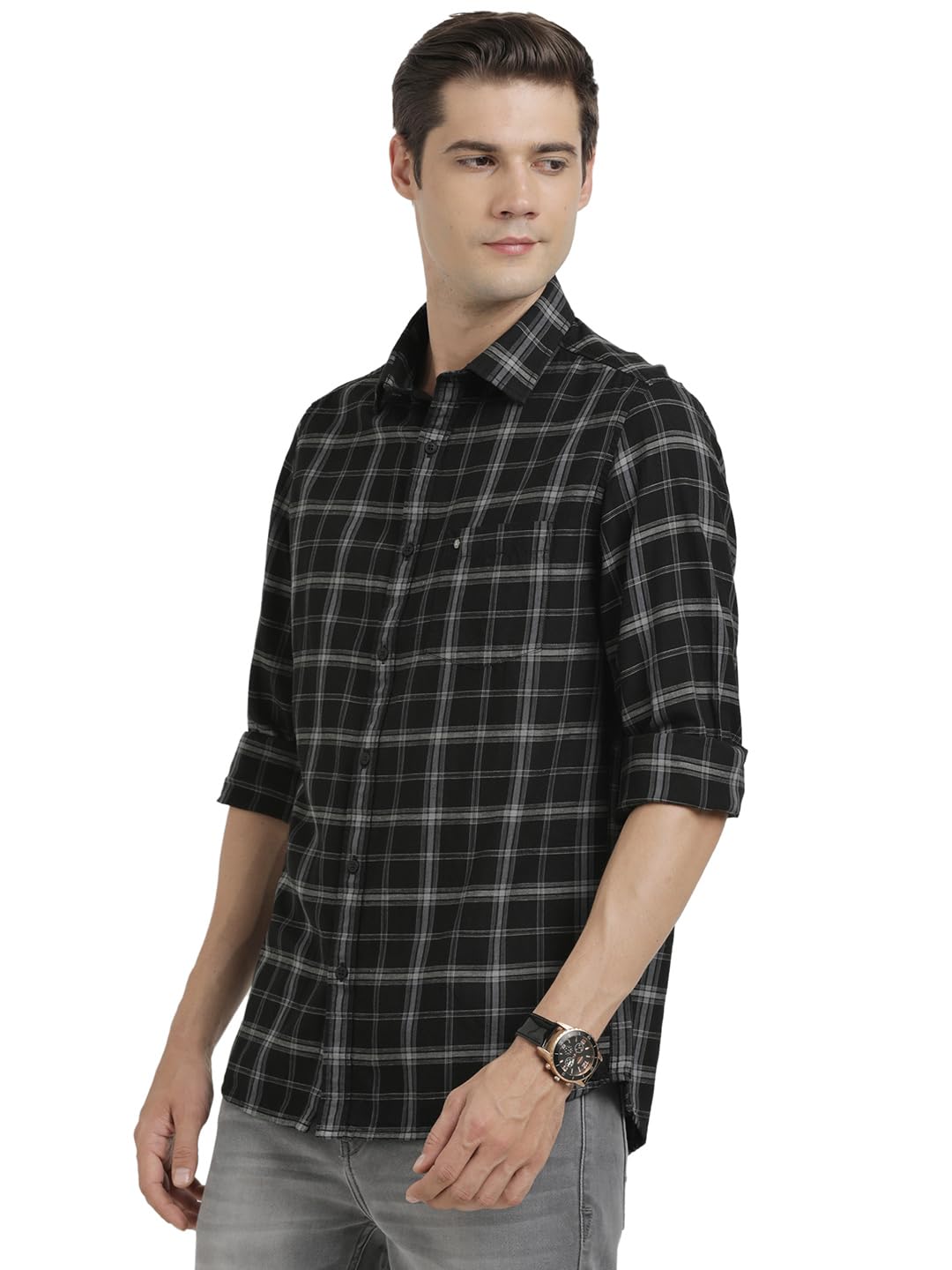 Turtle Men Cotton Melange Slim Fit Black Casual Shirt