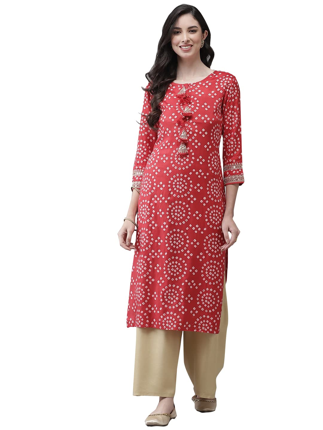 ishin Womens Silk Blend Red Embroidered A-Line Bandhani Kurta
