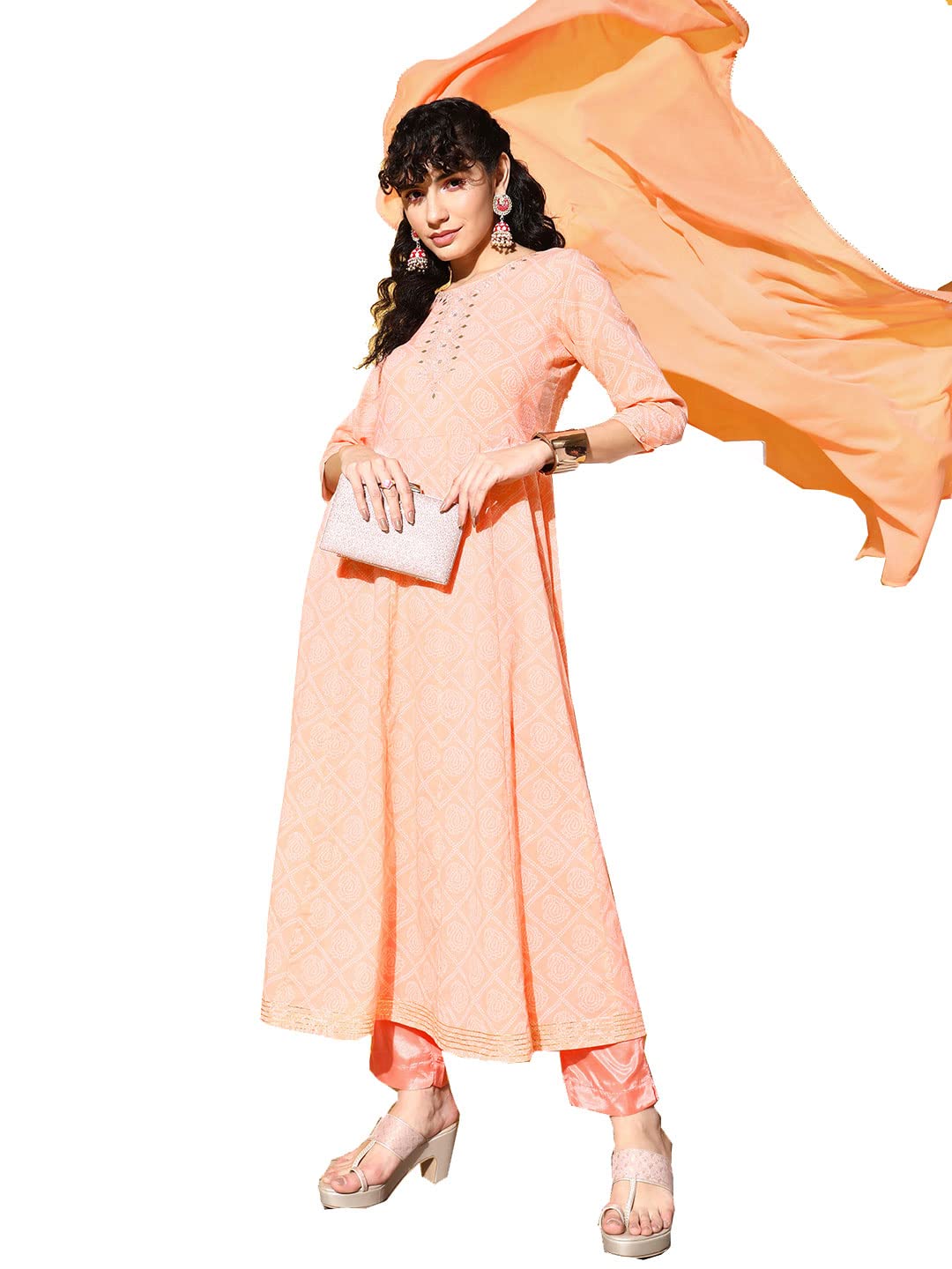 Ishin WomenS Cotton Blend Peach Embroidered Anarkali Kurta With Dupatta