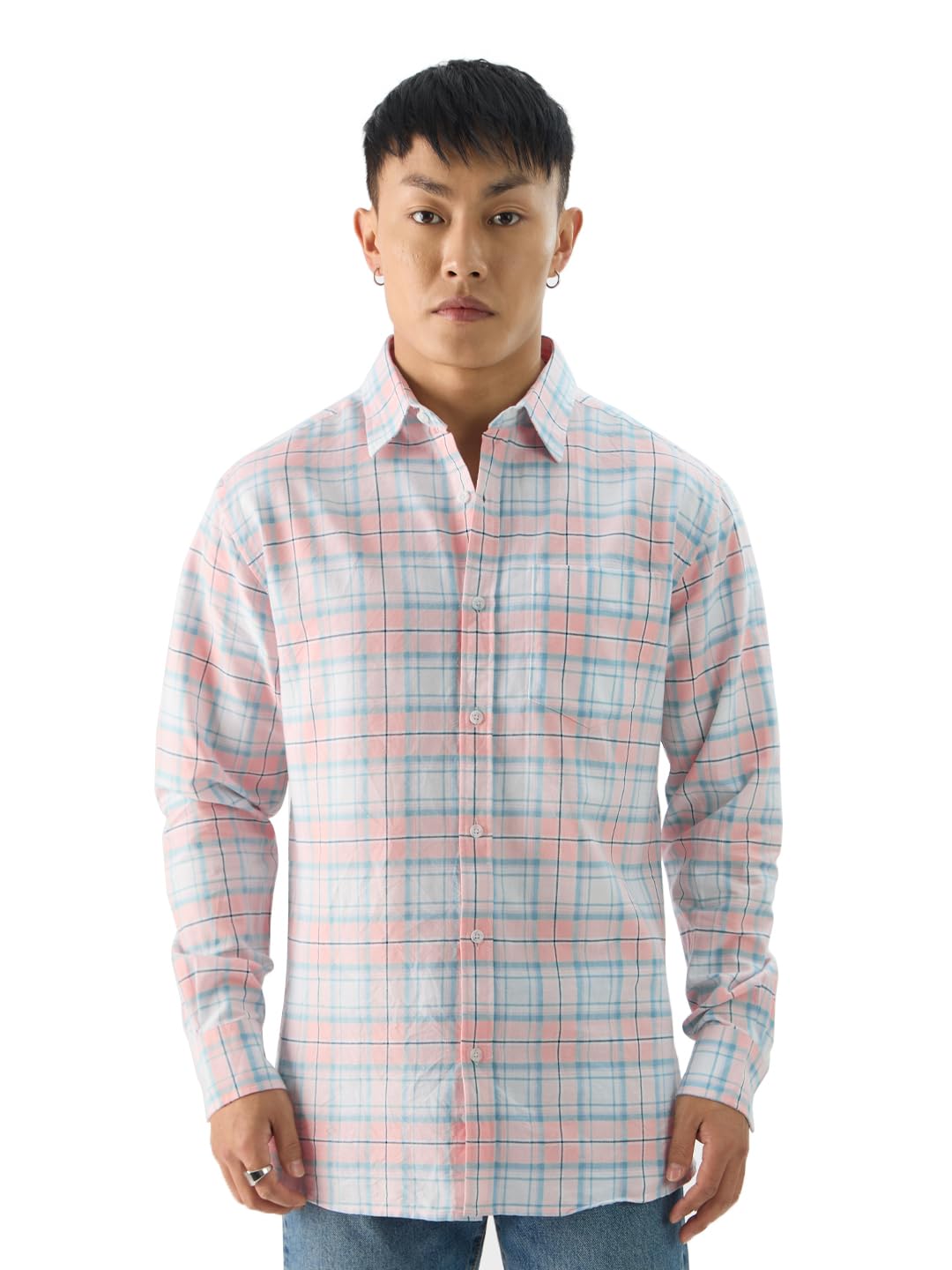 The Souled Store Plaid: Single Patch Men and Boys Long Sleeve Collared Neck Button Front Pink and Blue Cotton Relaxed Fit Shirts