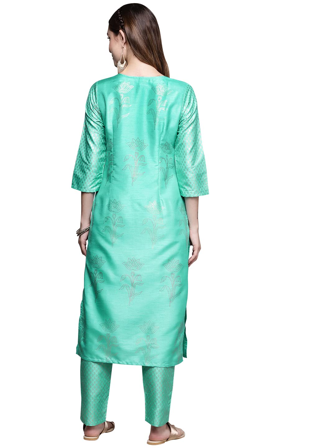 ZIYAA Women's Sea Green Poly Silk Straight Kurta and Pant Set(ZIKUPS2068ANDPA-Sea Green)