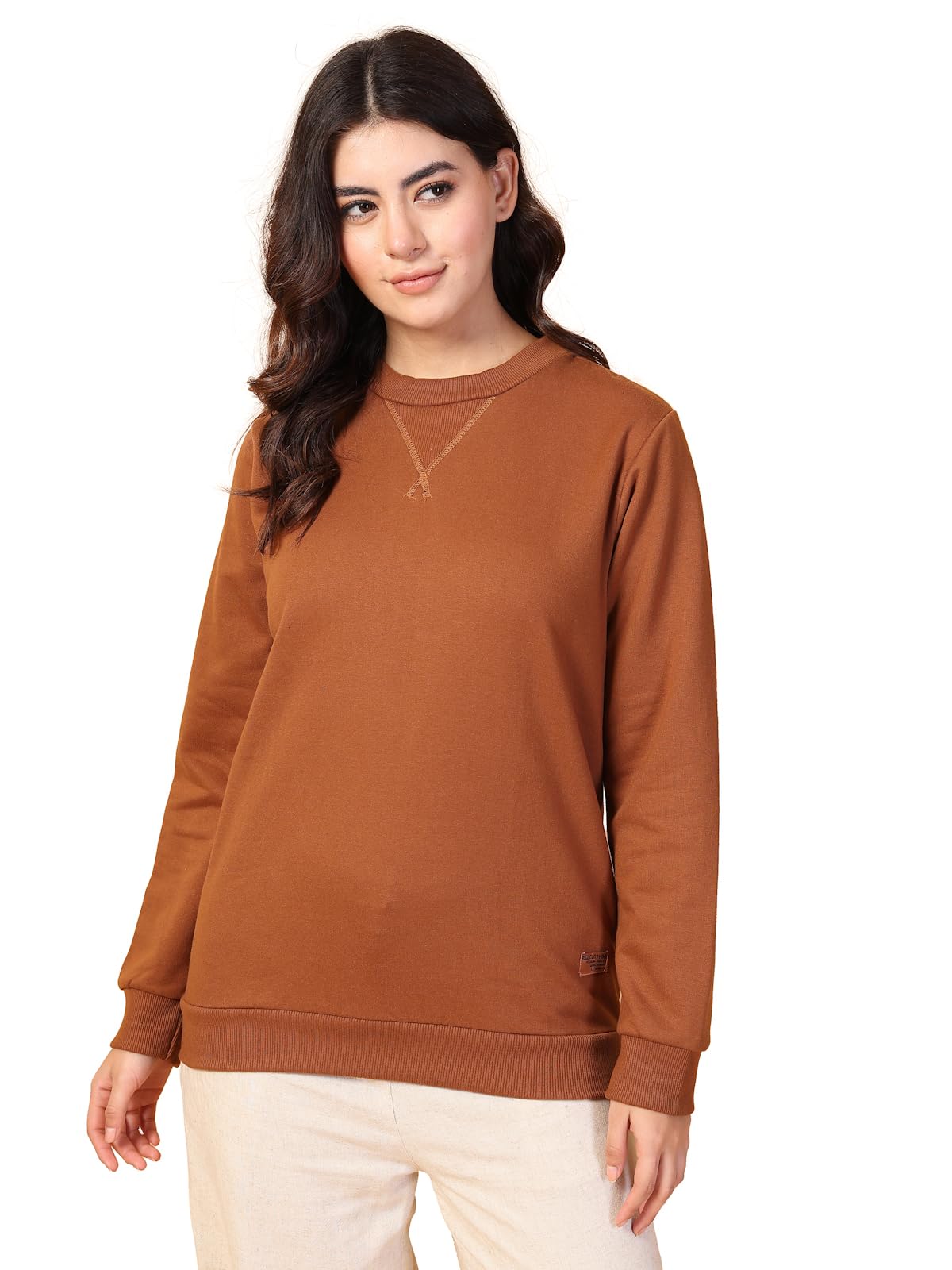 Rigo Cotton Fleece Printed Oversized Sweatshirt for Women | Full Sleeves Womens Oversized Sweatshirt | Pullover for Women Brown