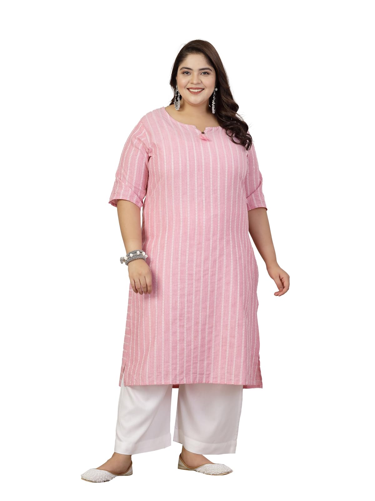 Stylum Plus Size Women Self Woven Striped Cotton Blend Straight Kurta (YASHIPINKPLUS_Pink)
