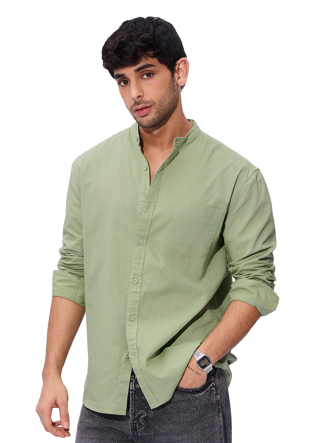 The Souled Store Solids: Light Green Men and Boys Long Sleeves Mandarin Collared Neck Button Front Regular Fit Cotton Linen Shir