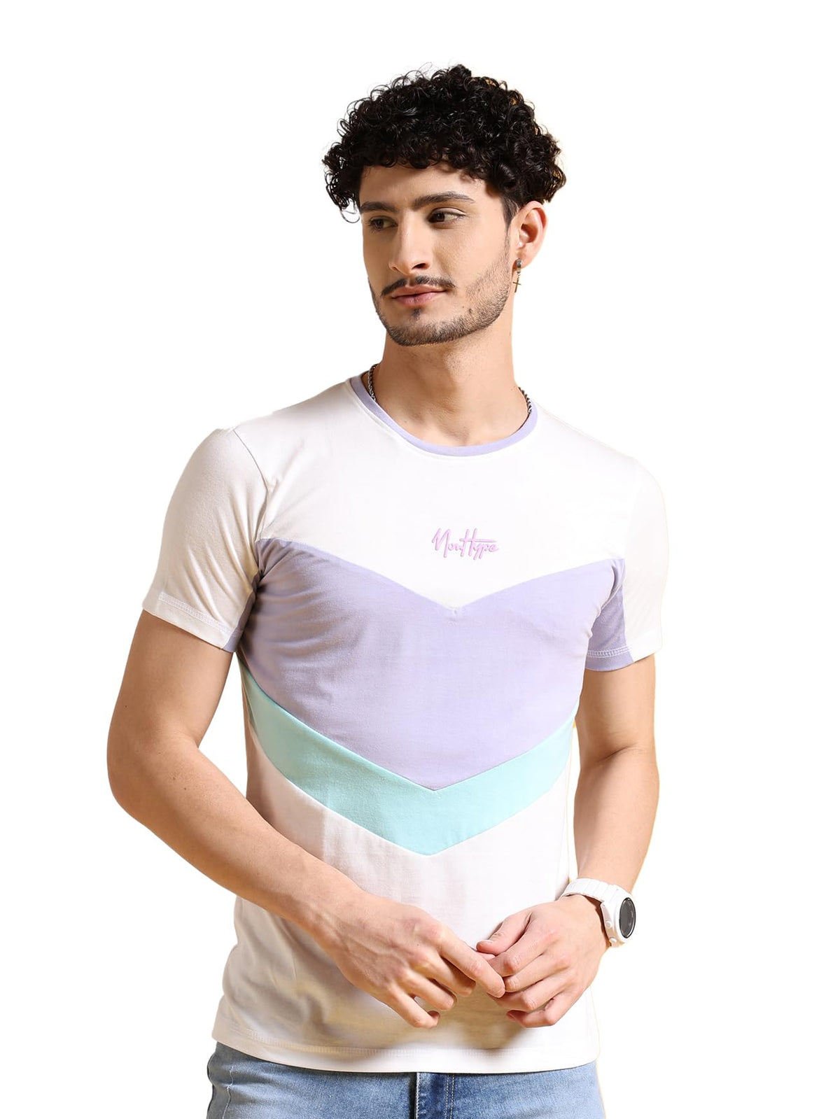 The Indian Garage Co Men Drop Shoulder Loose fit Colourblocked Round Neck Tshirt White
