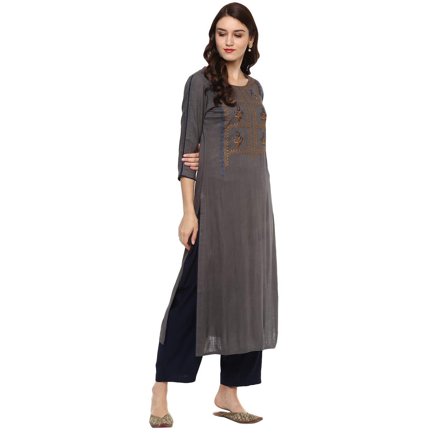 idaLia Embroidered Kurta for Women - Embroidered Kurtas, Rayon, Straight, Round Neck - Embroidered Kurtas