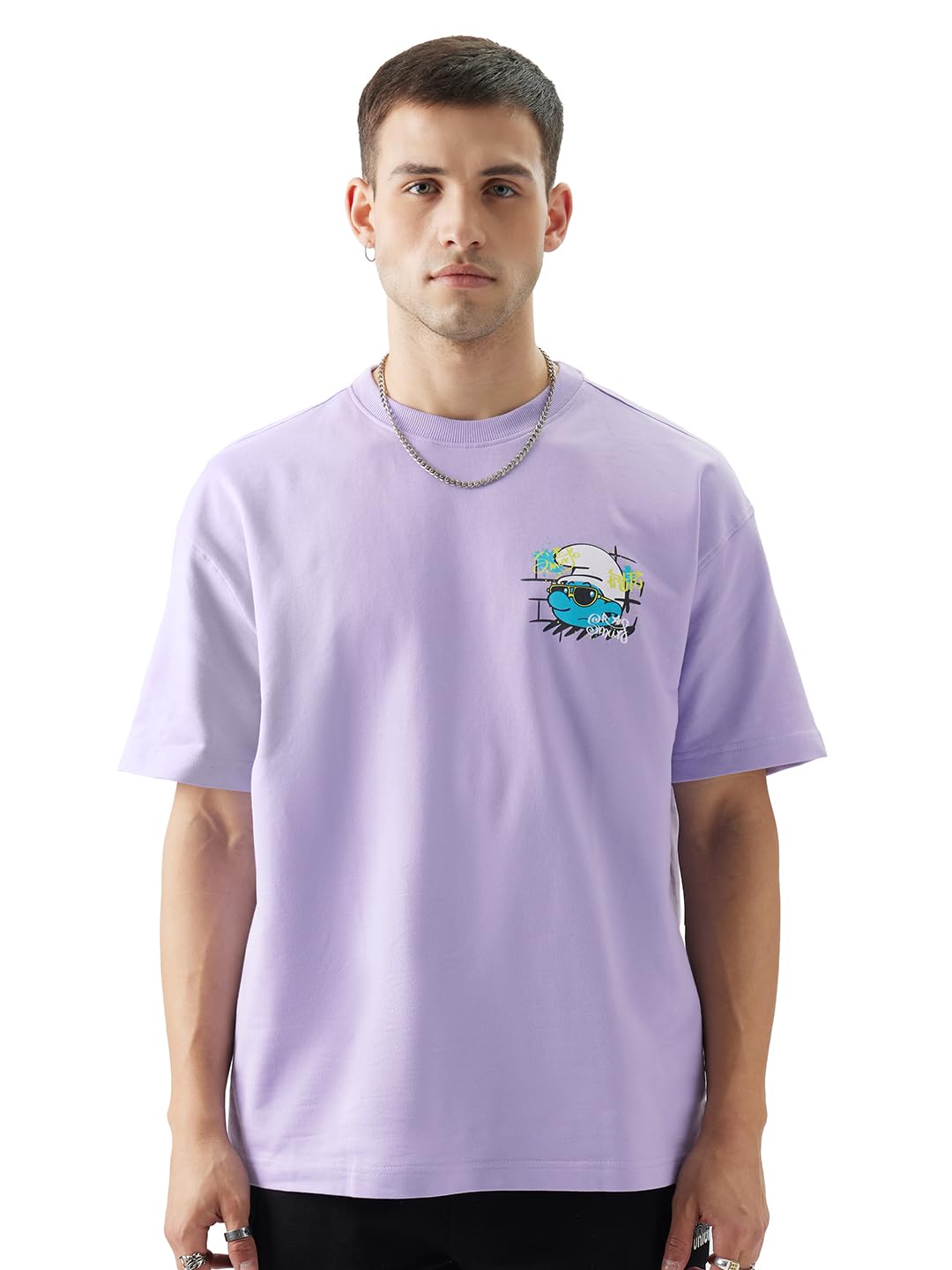 The Souled Store Official Smurfs: Smurf Off! Men and Boys Oversize Fit Half Sleeve Graphic Printed Cotton Purple Color T-Shirt