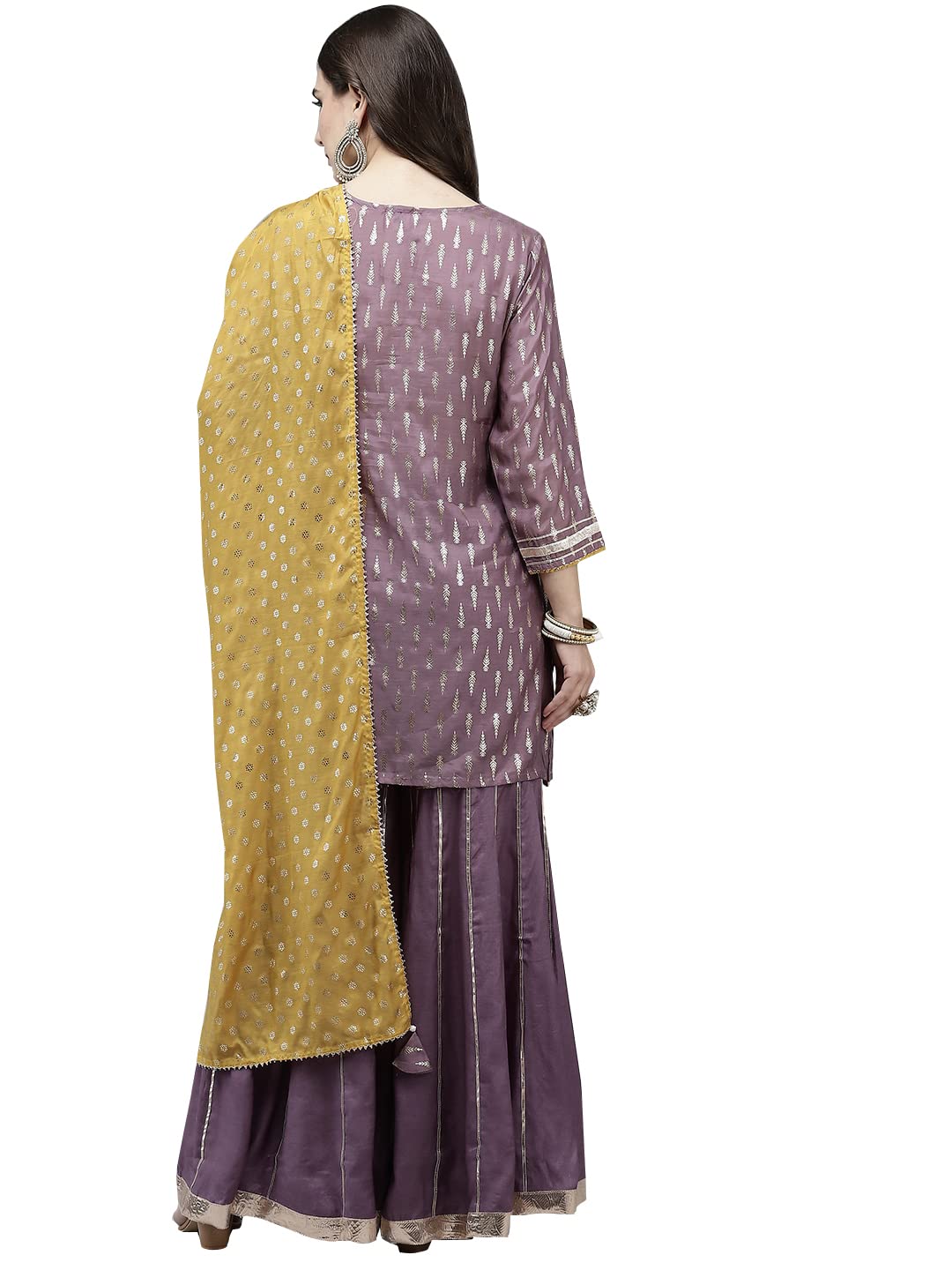 ishin Women's Silk Blend Printed Gotta Patti Purple Floral Print Straight Kurta suit set With Dupatta & Sharara