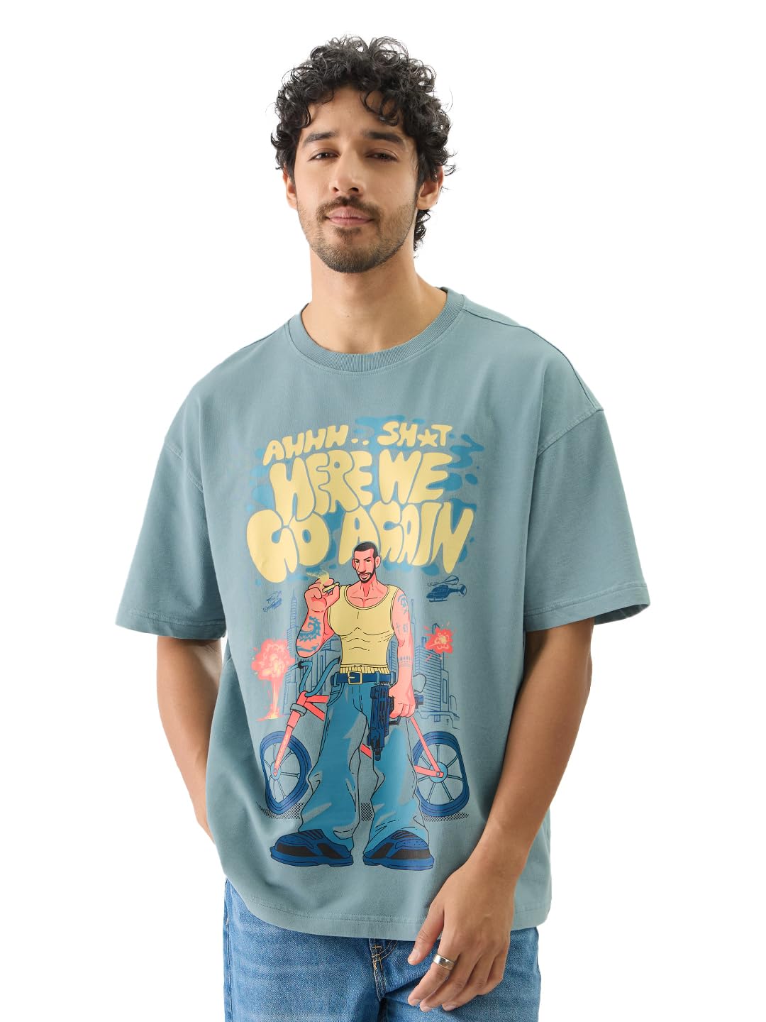 The Souled Store Here We Go Again Short Sleeve Round Neck Green Graphic Printed Cotton Oversized T-Shirts for Men and Boys- Tren