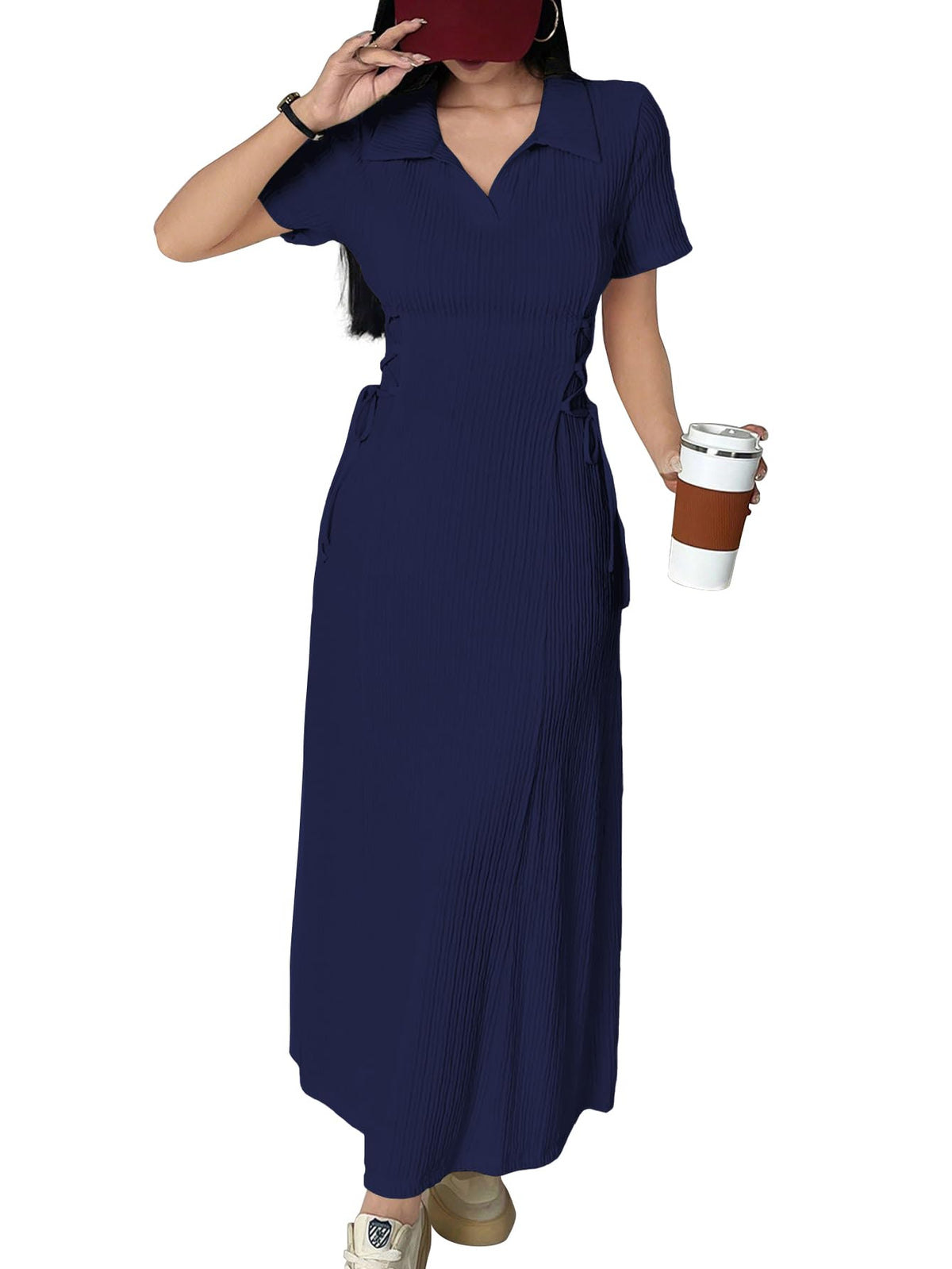 Shasmi Womens Navy Blue Solid Color Applique Lace-Up Collared Short Sleeve, Side-Tie Waist Long Casual Maxi Women Dress Outfit L