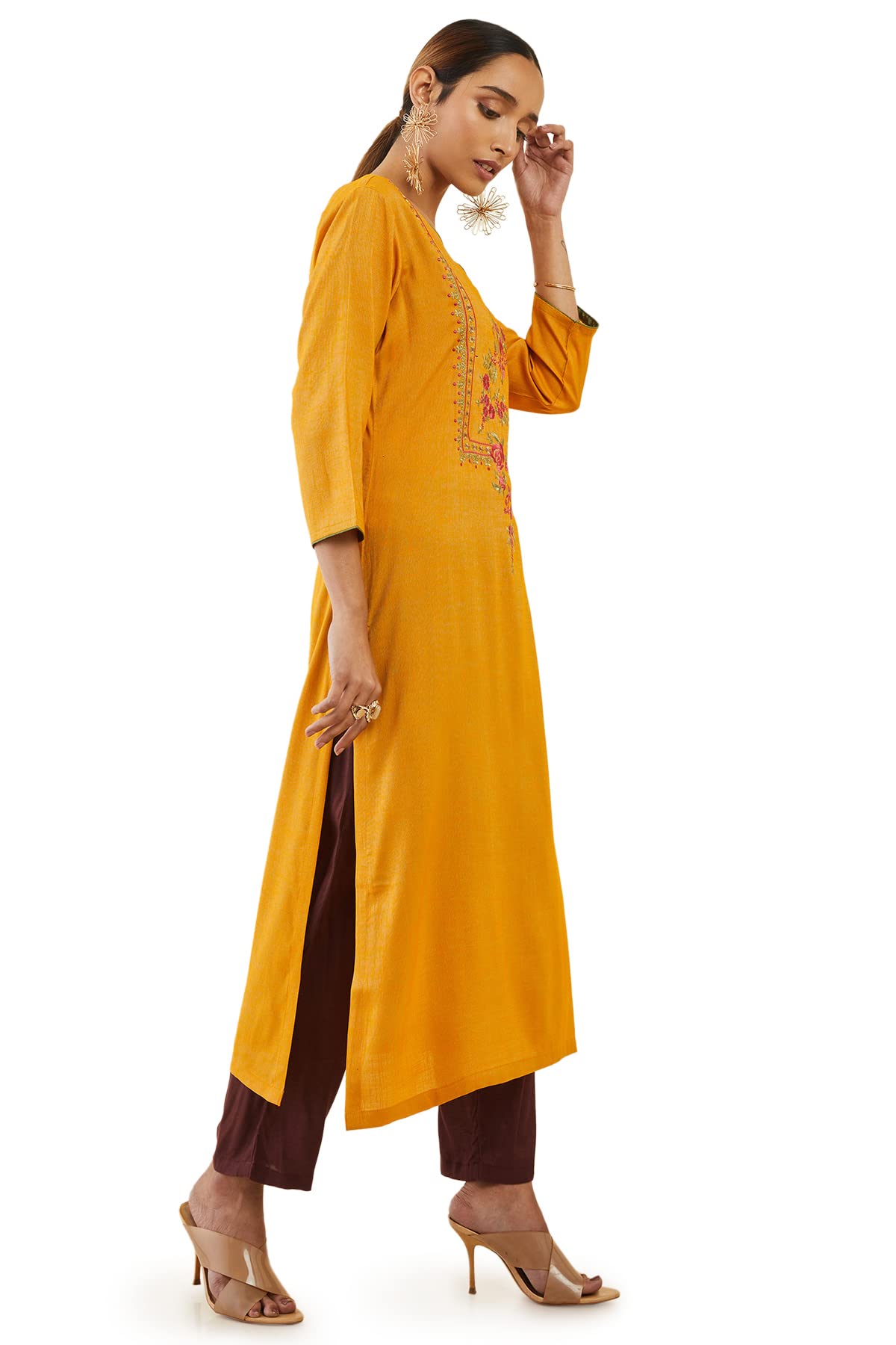 Soch Mustard Rayon Straight Kurta With Floral Embroidered Designs