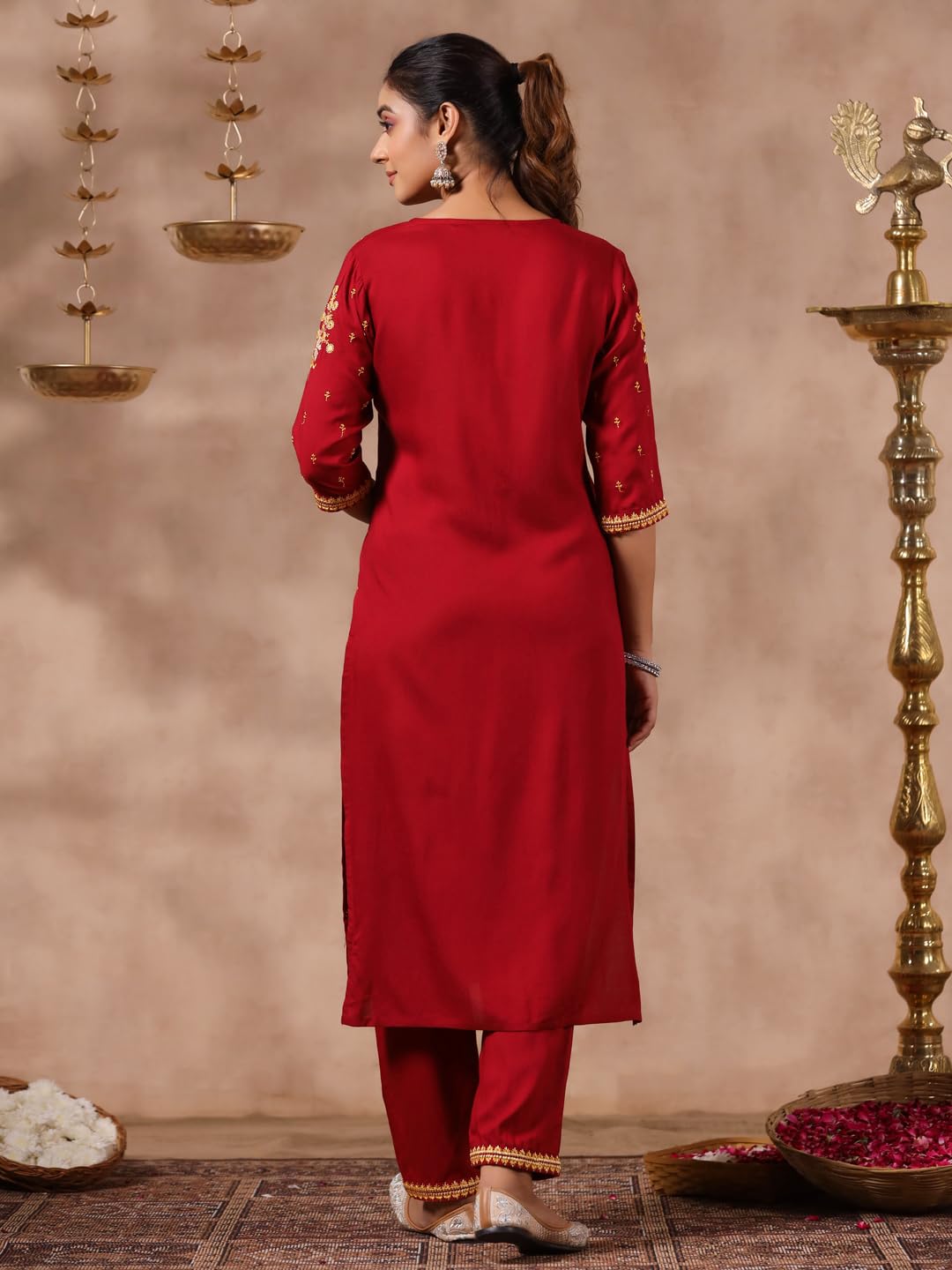 anubhutee Women's Viscose Rayon Abstract Printed Maroon Kurta Suit Set with Trousers