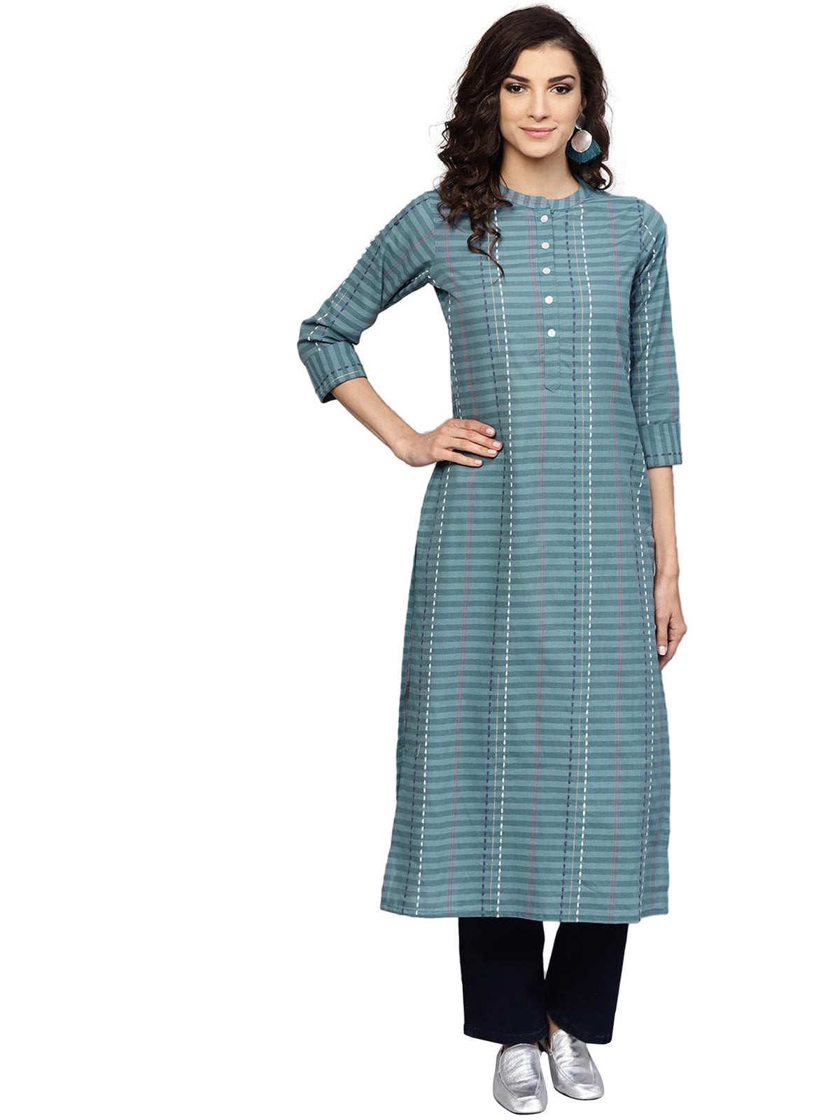 Libas Womens Pure Cotton Striped Straight Kurta (8013MJ_Grey