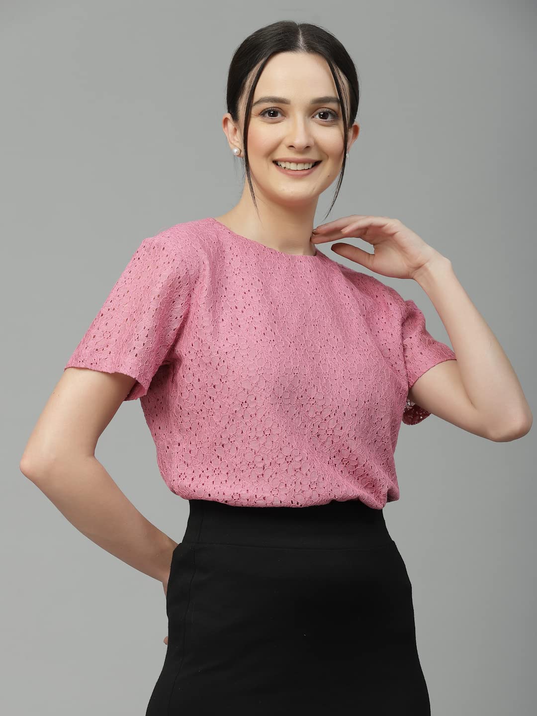Style Quotient Women Pink Self Design Cotton Lace Regular Smart Casual Tops