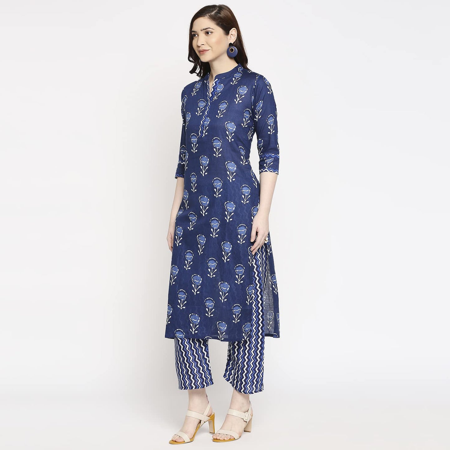 ANNI DESIGNER Women's Cotton Straight Kurta with Pant (Blue Flower_GSK)