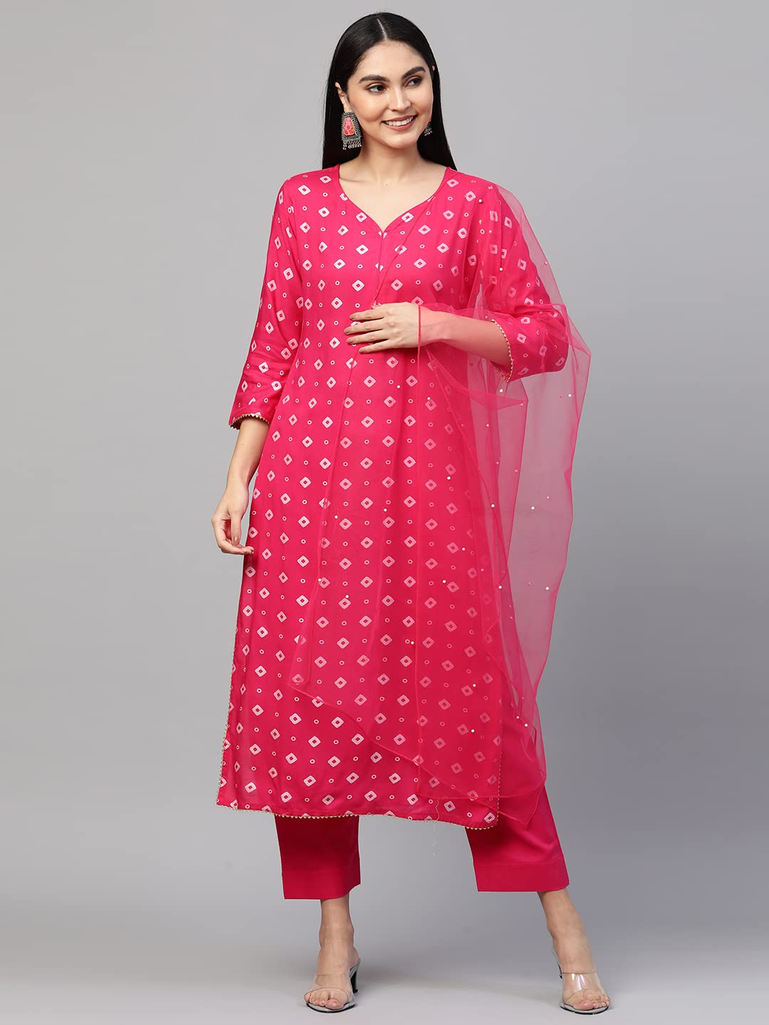 ANNI DESIGNER Women's Cotton Straight Kurta with Pant & Dupatta (SASI PINK)