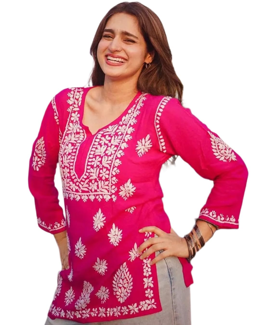 Anni Designer WomenS Rayon Viscose Kurti, Lucknowi Floral Embroidery, 3/4 Sleeve Top (Heli Pink_Xxl_Pink_Xx-Large)