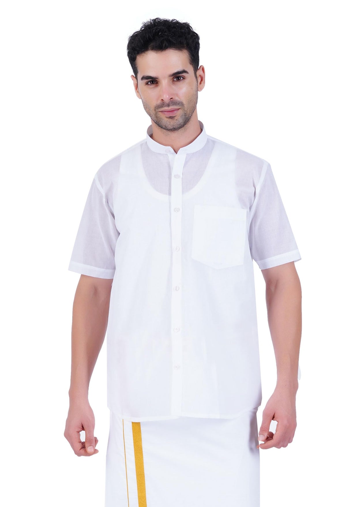 PRAKASAM COTTON Mono Cotton Blended Mandarin Collar Half Sleeve Shirt for Men White