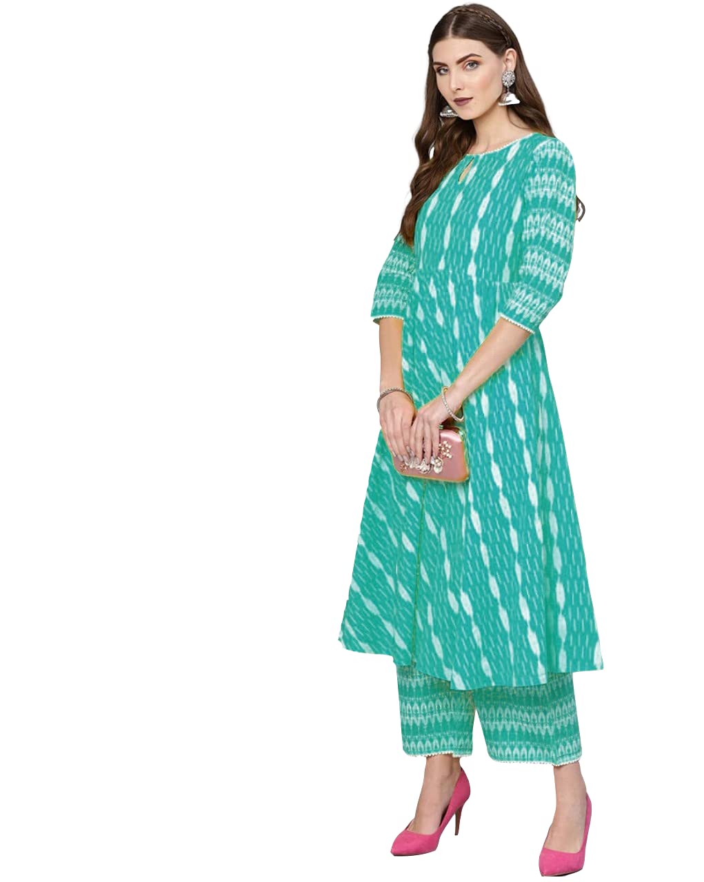GoSriKi Women's Cotton Empire Printed Kurta with Palazzo(YASHIKA-Light-Blue_GO)
