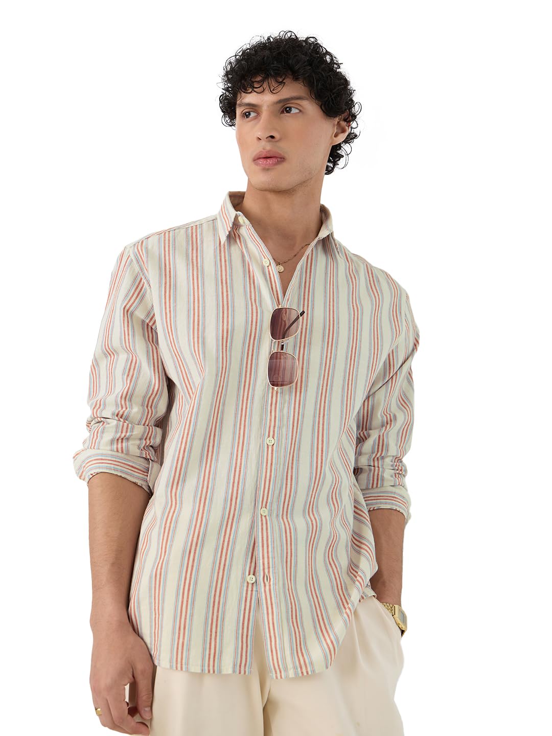The Souled Store Seaside Stripes Men and Boys Long Sleeves Collared Neck Button Front Beige Regular Fit Cotton Linen Shirts
