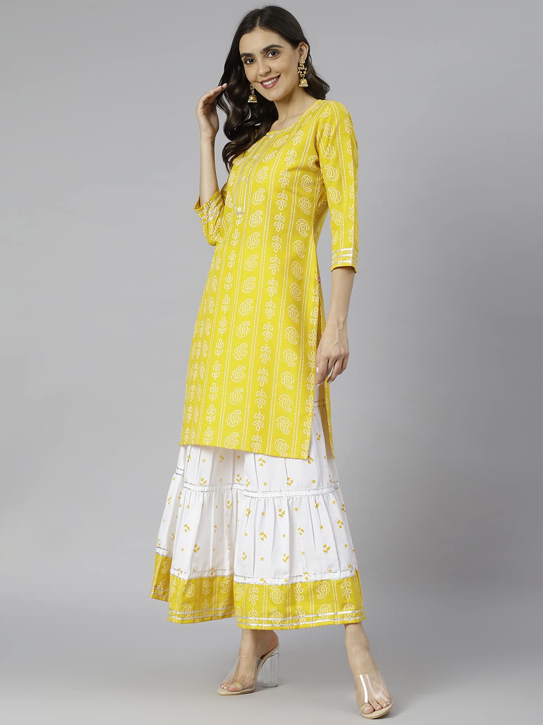 GoSriKi Women's Cotton Blend Straight Printed Kurta with Skirt (Mausam_New-GO)